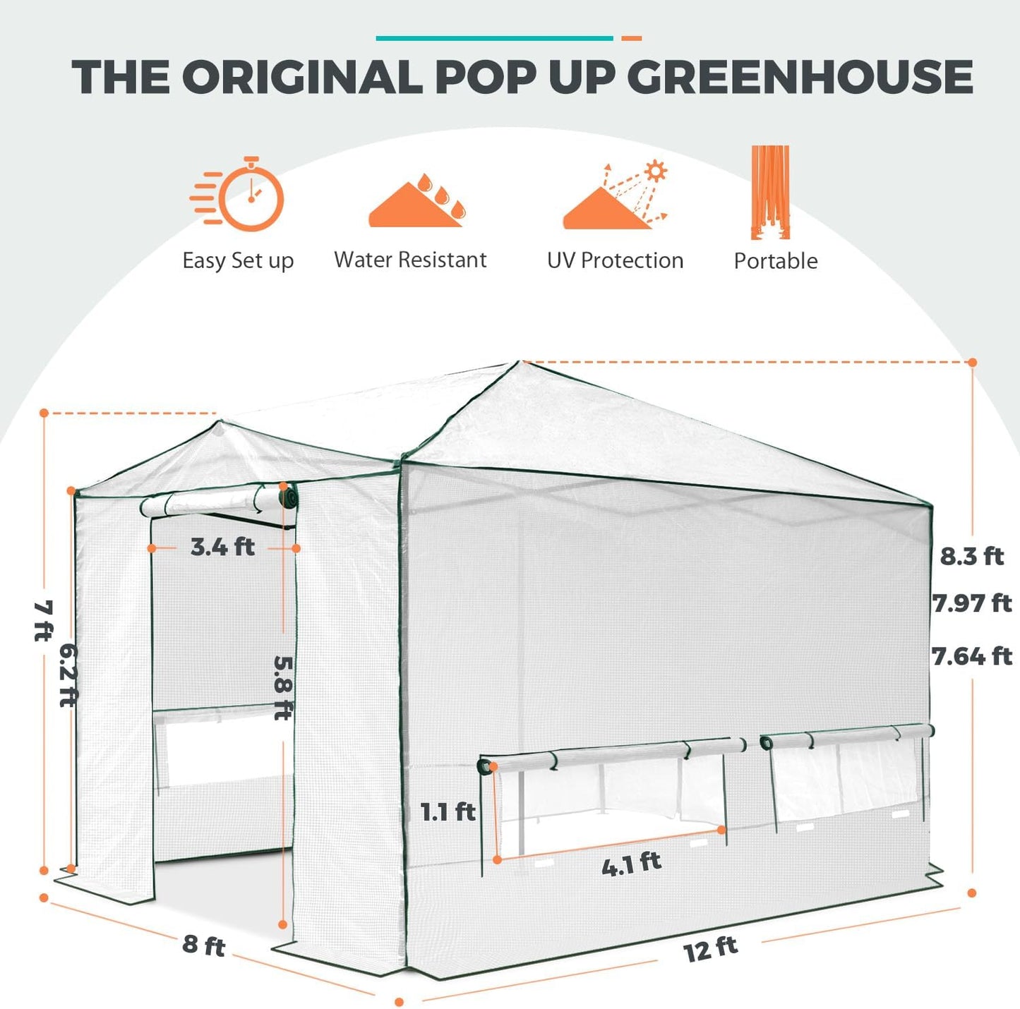 EAGLE PEAK Instant Pop-up Greenhouse, Indoor Outdoor Plant Gardening Green House, Roll-Up Zipper Doors and Side Windows, Walk in 12x8 ft, White/Clear