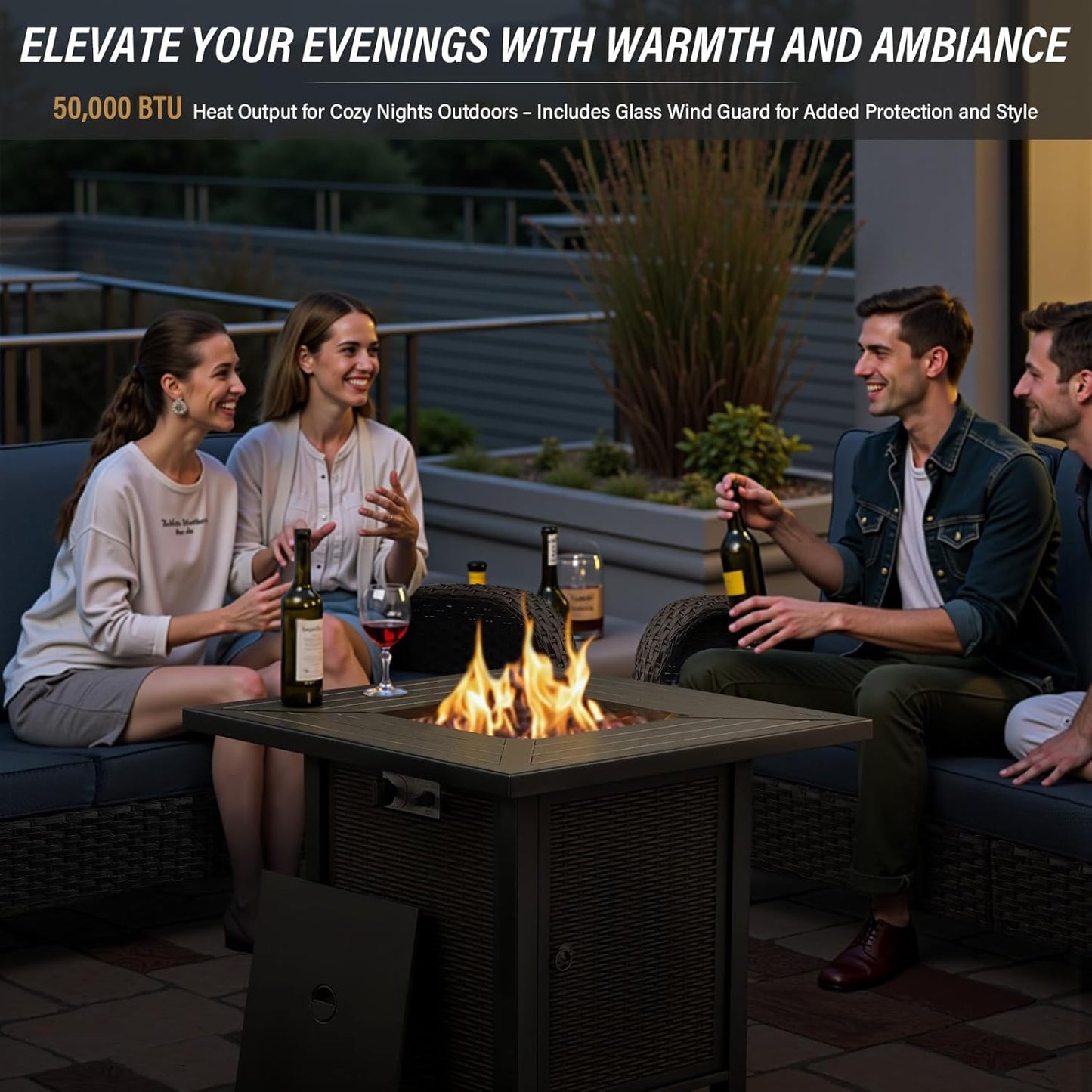 5 Pieces Outdoor Patio Furniture Set with 50000 BTU Propane Fire Pit Table, Deep Seating Wicker Swivel Rocker Chairs and Loveseat Glider Patio Conversation Set for Deck Poolside Backyard Beige