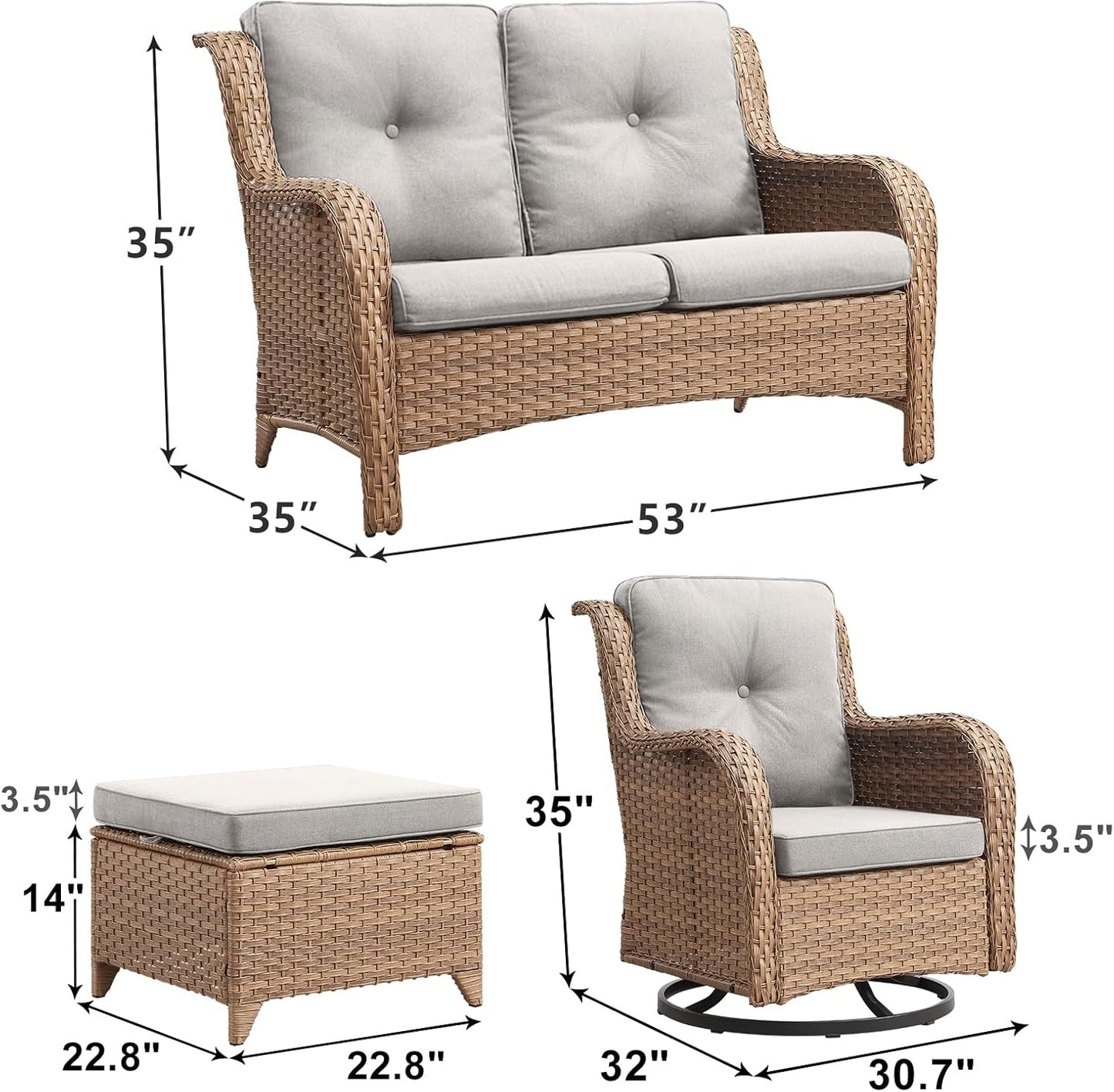 Outdoor Wicker Patio Furniture Set - 5 Piece Rattan Patio Conversation Set with 2 Rocking Swivel Chairs,2 Ottomans and 1 Loveseat for Porch Deck Backyard Garden(Yellow/Beige)