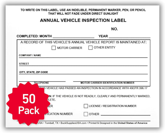 50 Pack Buck Annual Vehicle Inspection Label, 2-Ply Adhesive Vinyl with Mylar Laminate, FMCSA & DOT Compliant, Weatherproof, Tear Resistant, Easy to Write On, 5" x 4" - Made in USA