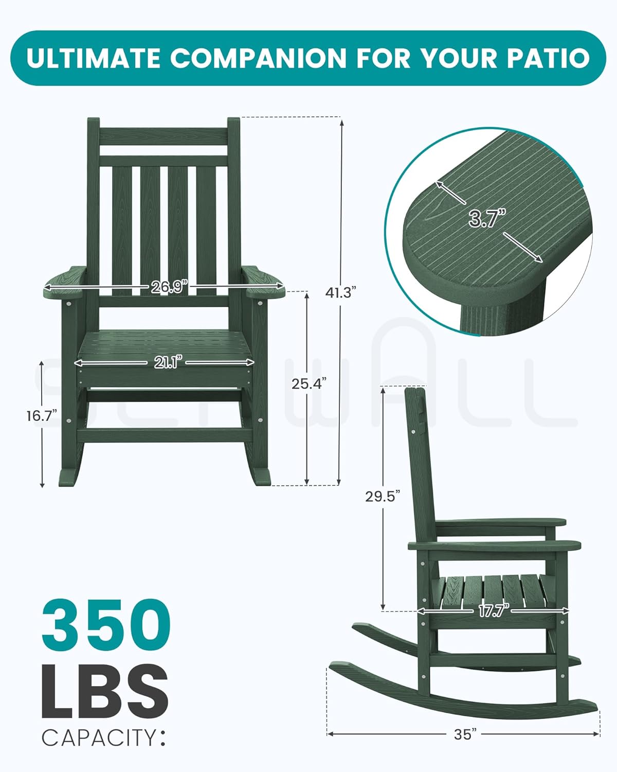 SERWALL Oversized Outdoor Rocking Chair Set of 4, HDPE Rocker for Adults, Patio Rocking Chairs for Porch, Green