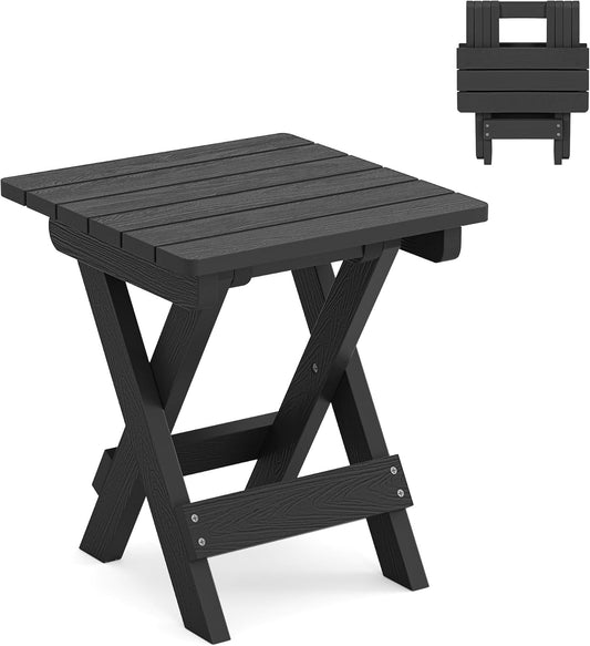 LUE BONA Small Outdoor Folding Side Table, Indoor Shower Bench Stool, HDPS End Table for Bathroom, Patio, Pool, 14 Inch Height, Black