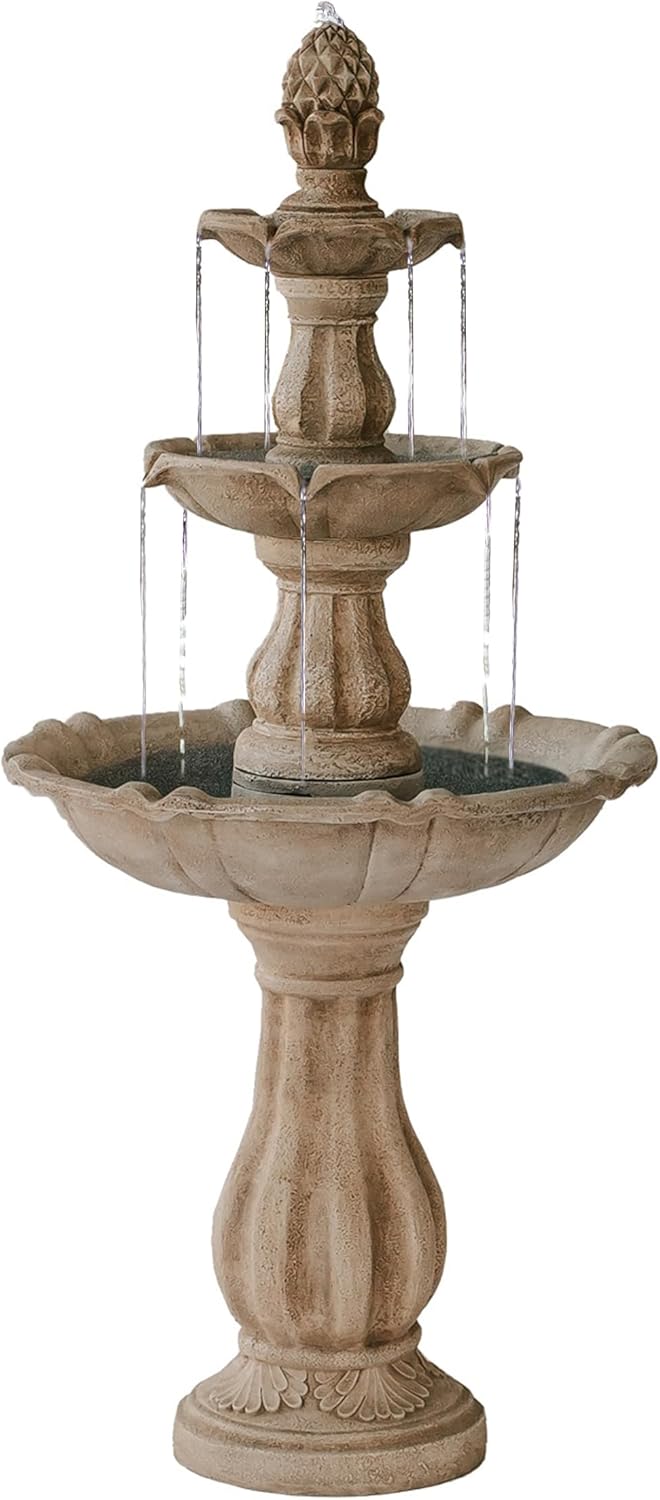XBrand 3-Tier Freestanding Waterfall Fountain w/Pump & Pineapple Top, 51 Inch Tall, Beige, Large Outdoor Garden Fountain, Ideal for Garden, Porch, and Lawn