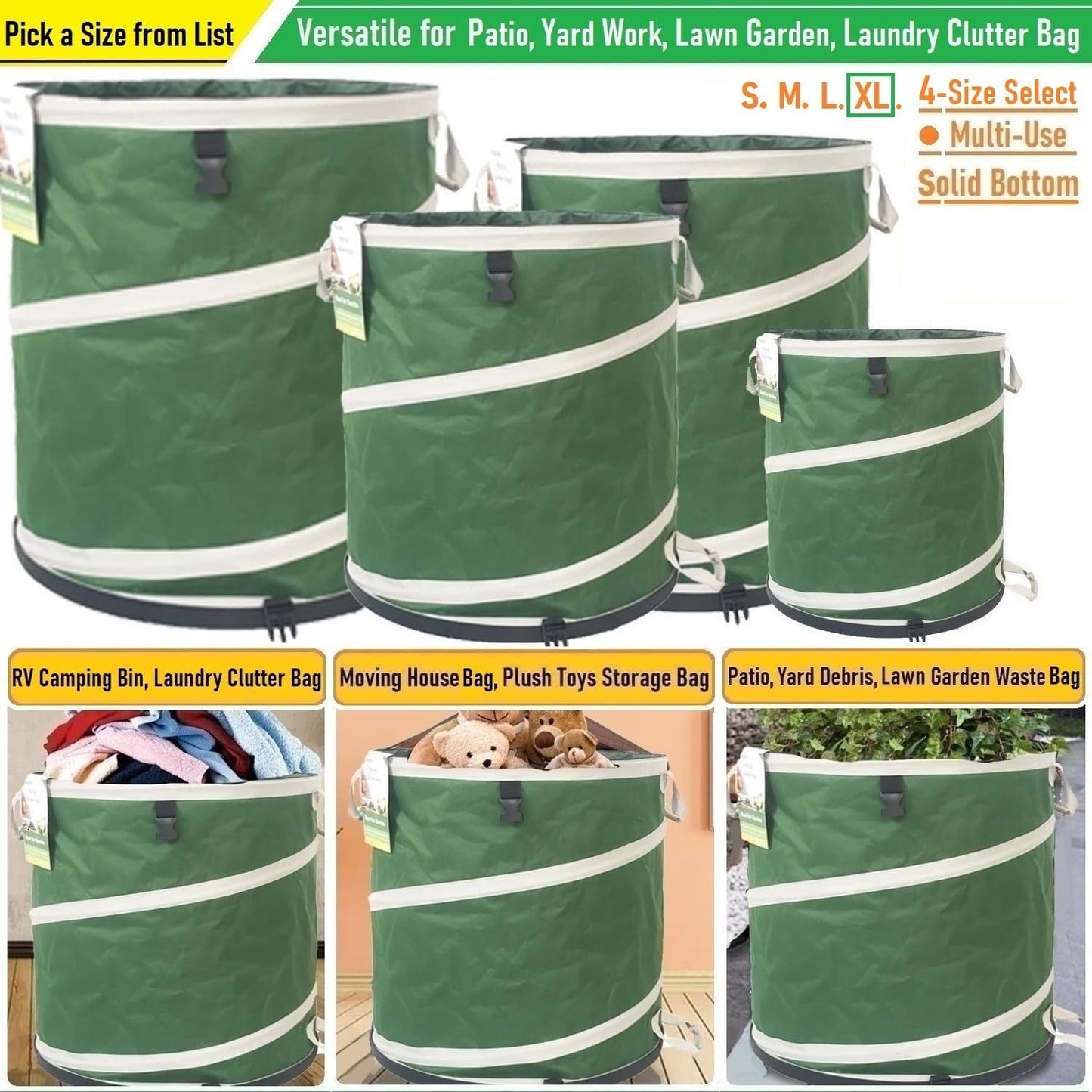46-Gallon Collapsible Trash Can (22x28 in) Hard-Shell Bottom Yard Garden Bag for Yard Waste,Debris Container,Pop-Up Recycling Bin,Camping Waste Bag,Laundry Hamper,Lawn Grass,Leaf Bag,Sods,Weeds Barrel