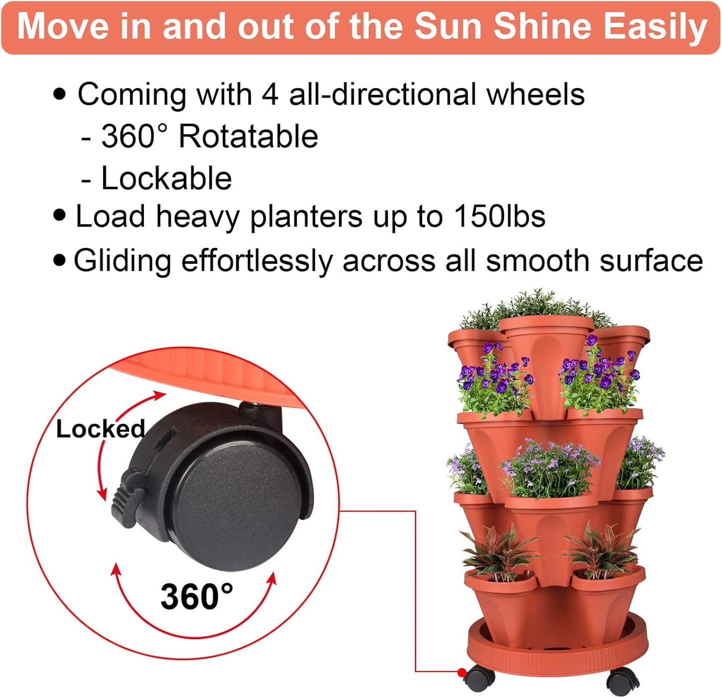 Vertical Planter 4 Tier Stackable Planters Garden Planters Strawberry Herb Flower and Vegetable Planter Indoor Outdoor Gardening Pots with Removable Wheels and Tools