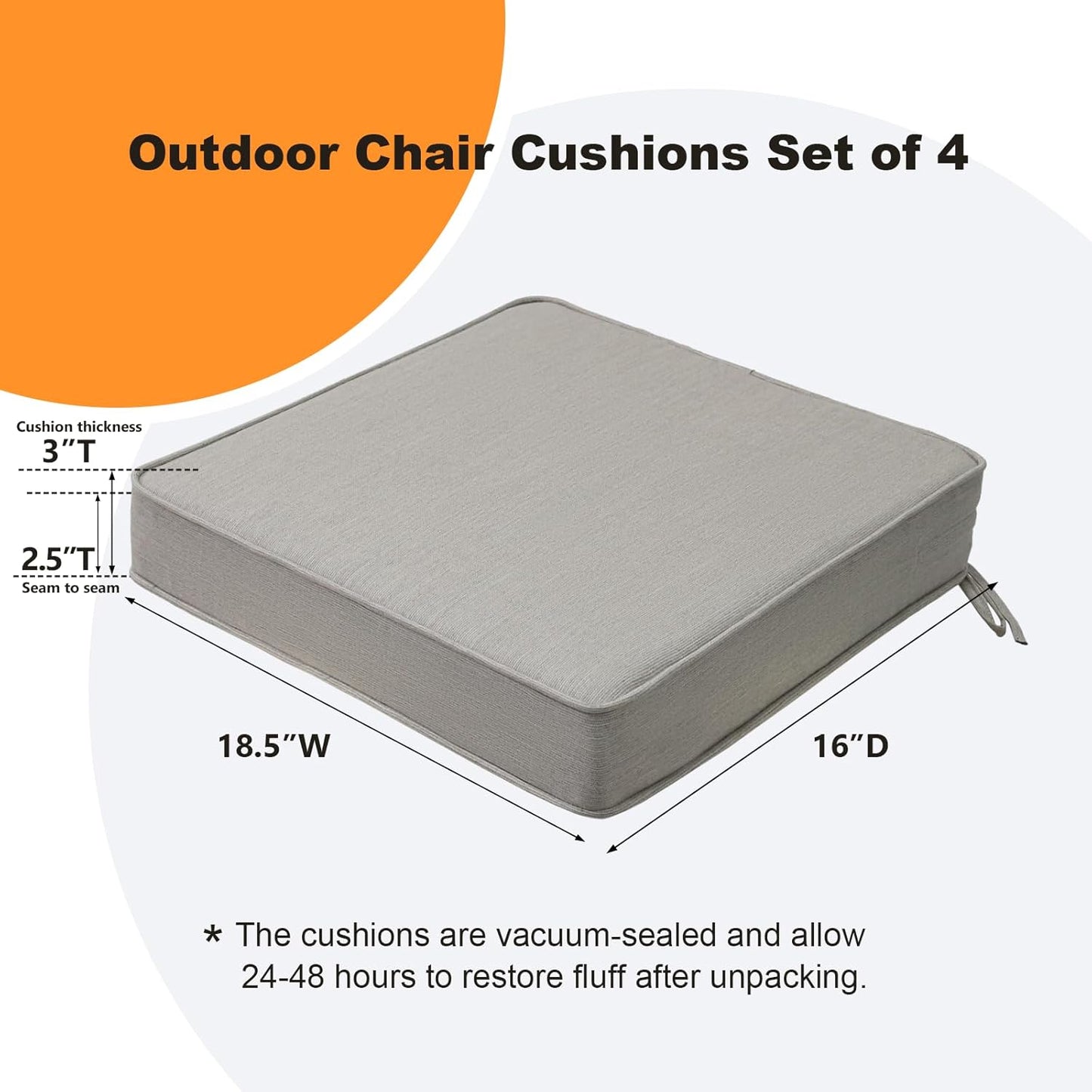 Sunbrella Square Corner Seat Cushions, 18.5" x 16" x 3", Set of 4, Indoor Outdoor Water Repellent Universal Chair Pads with Ties for Patio Furniture, Garden Dining Chairs, Specrtum Pebble