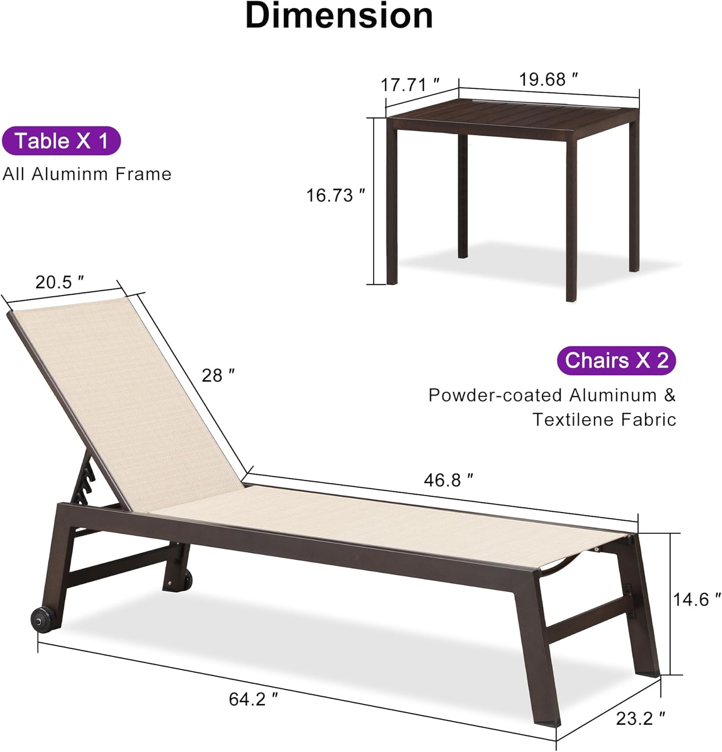 PURPLE LEAF Patio Chaise Lounge Set of 3, Outdoor Chaise Lounge with Adjustable Backrest and Wheels for Deck, Pool, Lawn, Garden, Waterproof & Easy Assembly, Cream