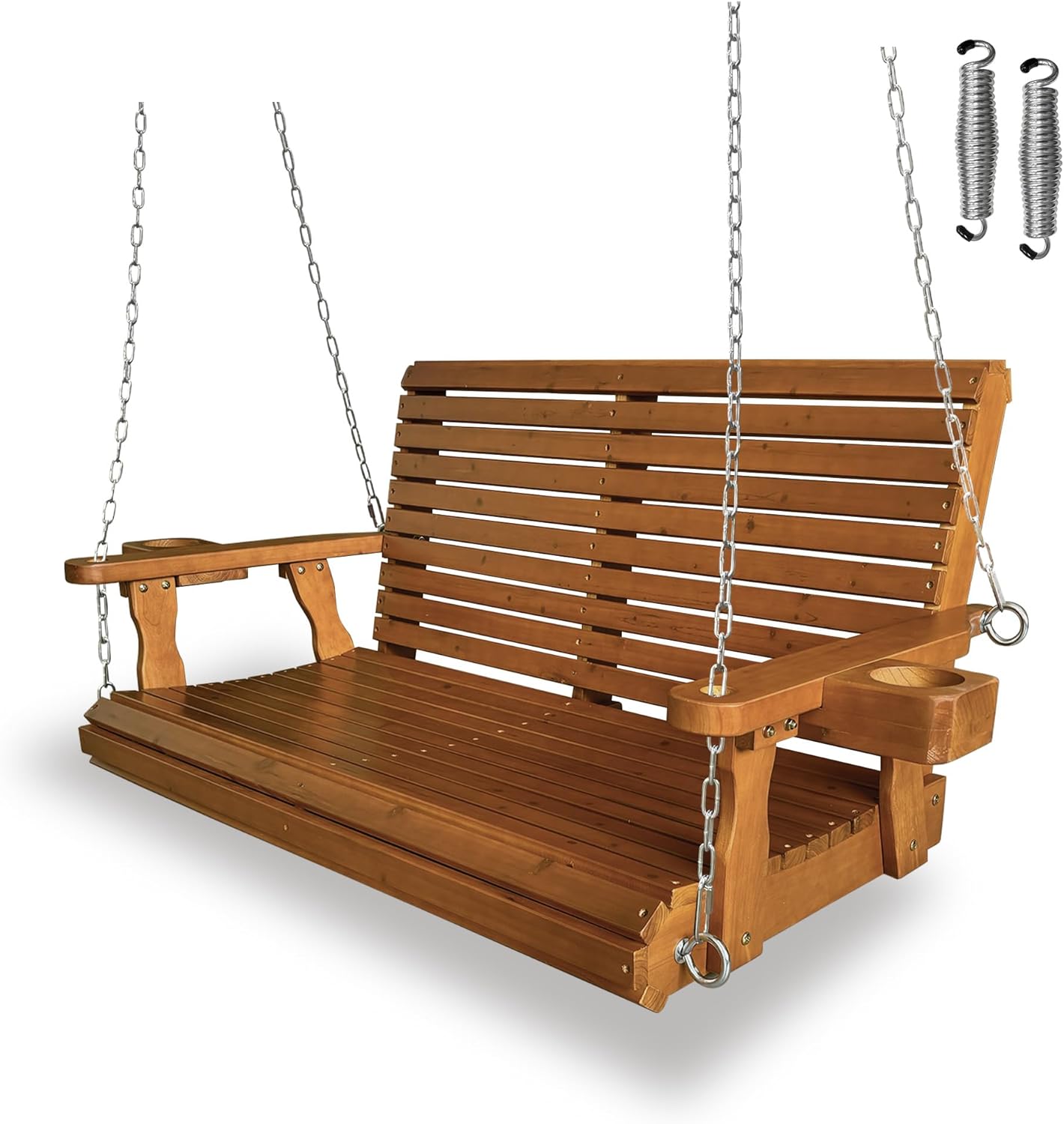 Wooden Porch Swing 2-Seater, High Backrest and Deep Seat, Bench Swing with Cupholders, Hanging Chains and 7mm Springs, Heavy Duty 880 LBS, for Outdoor Patio Garden (Cedar Tone - 4 FT Extra Large)