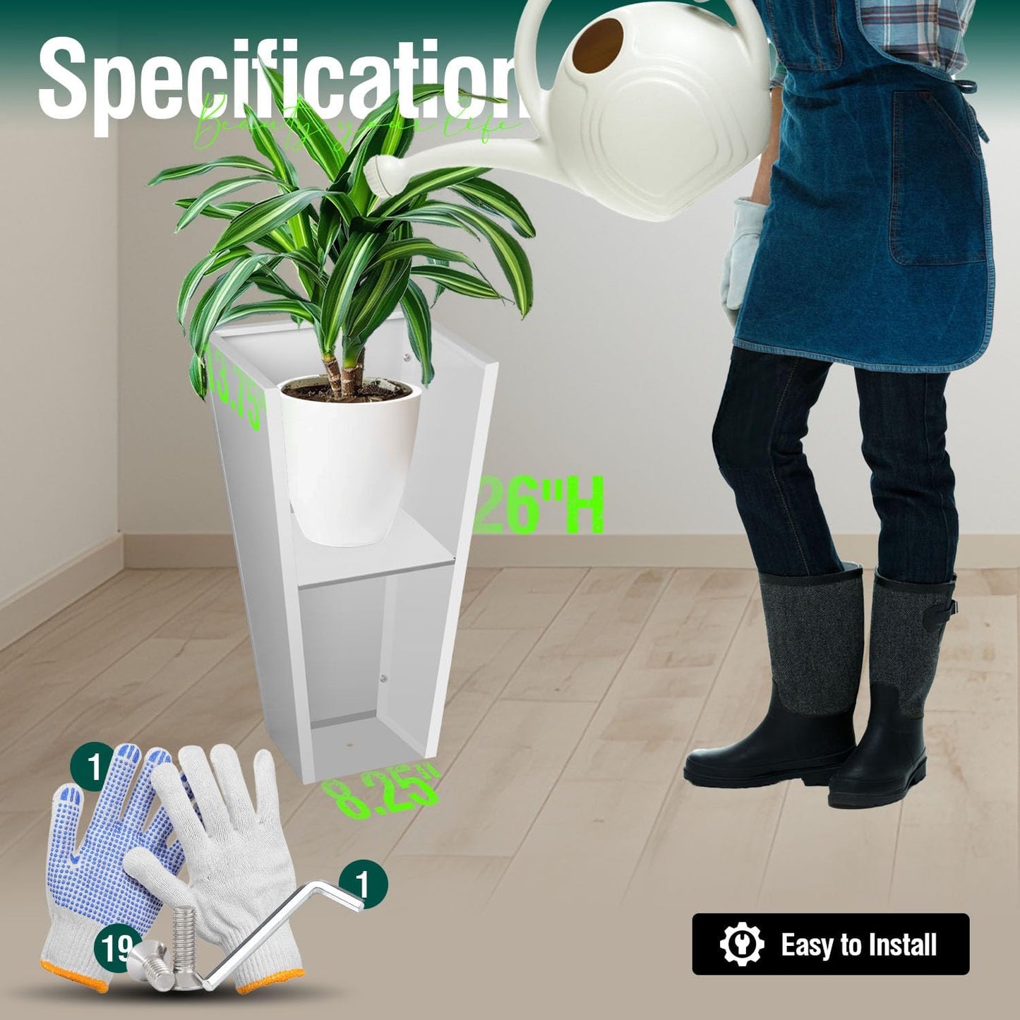 Tall Tapered Planter Taper Metal Modern Flower Plant Pot White Square Galvanized Steel Planter 26 in Indoor Outdoor for Front Porch Garden Patio Grande Plant Tree Commercial Residential Heavy Duty