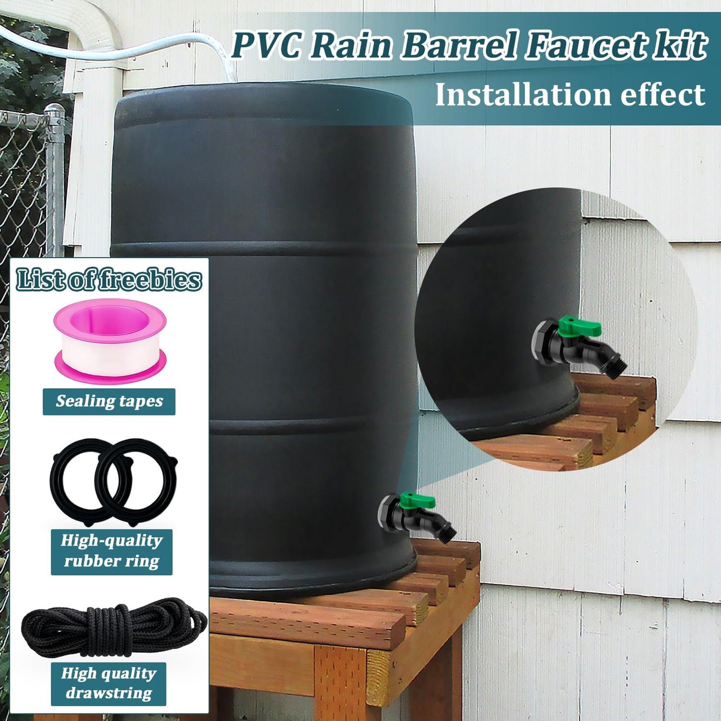 Plastic Rain Barrel Spigot Kit, High Flow Water Barrel Faucet, 3/4 PVC Rain Barrel Valve with Bulkhead Fitting for Outdoor Plastic Bucket Garden Barrels