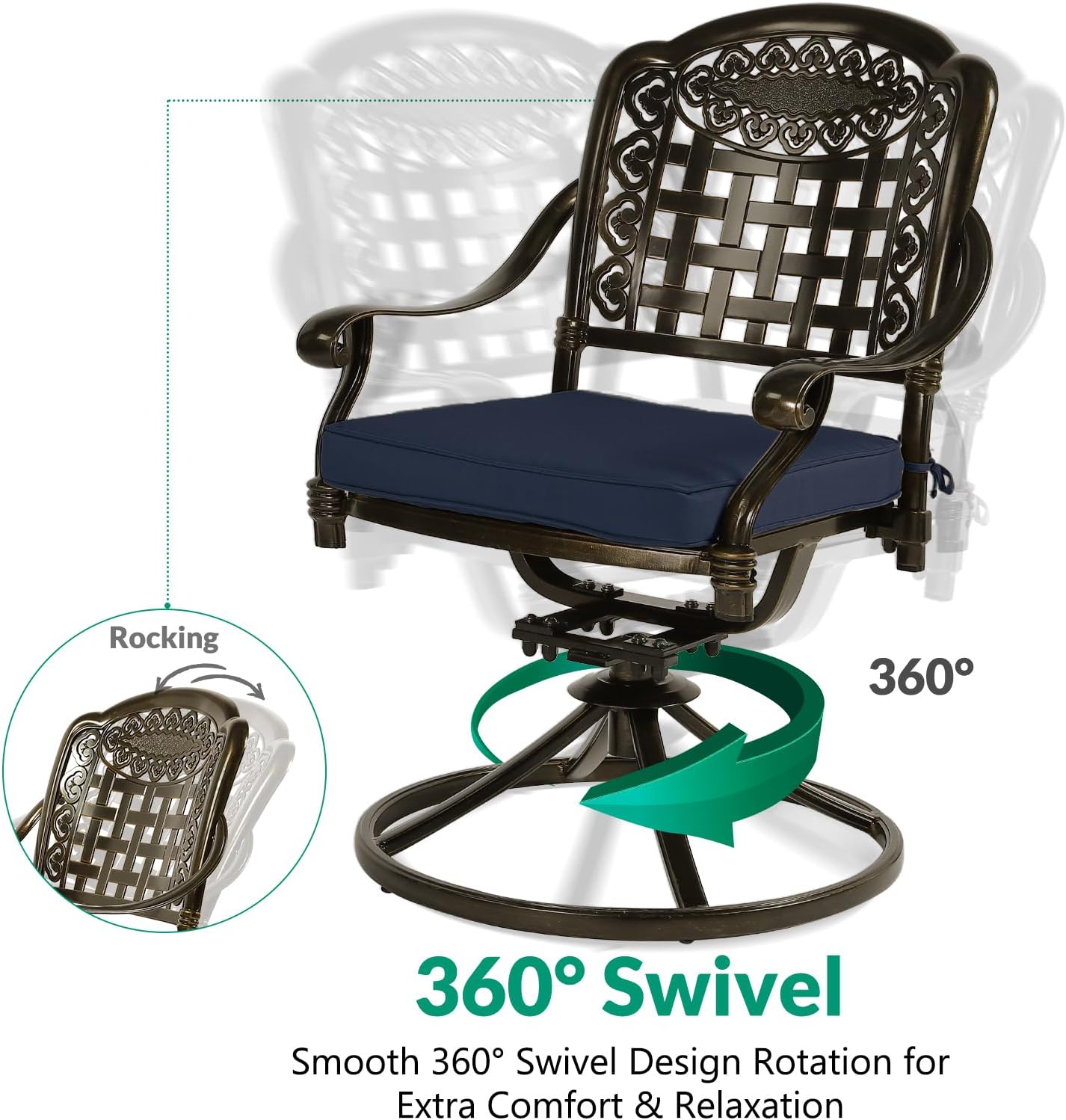 VIVIJASON 3-Piece Patio Bistro Set, Outdoor All-Weather Cast Aluminum Furniture Dining Set, Include 2 Swivel Chairs and 31" Round Table w/Umbrella Hole for Balcony, Lawn, Garden (Navy Blue Cushion)