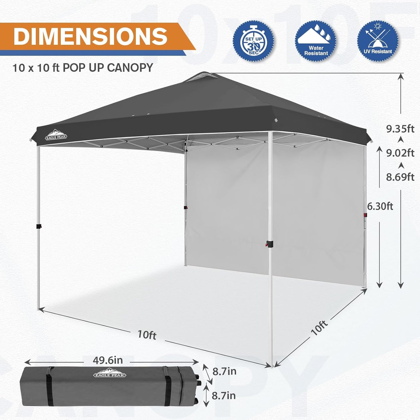EAGLE PEAK Pop Up Canopy Tent with 1 Sidewall, Easy Setup Event Tent, Outdoor Sun Shade, Wheeled Carry Bag, Stakes and Guy Ropes, Instant Canopy 10x10, Gray