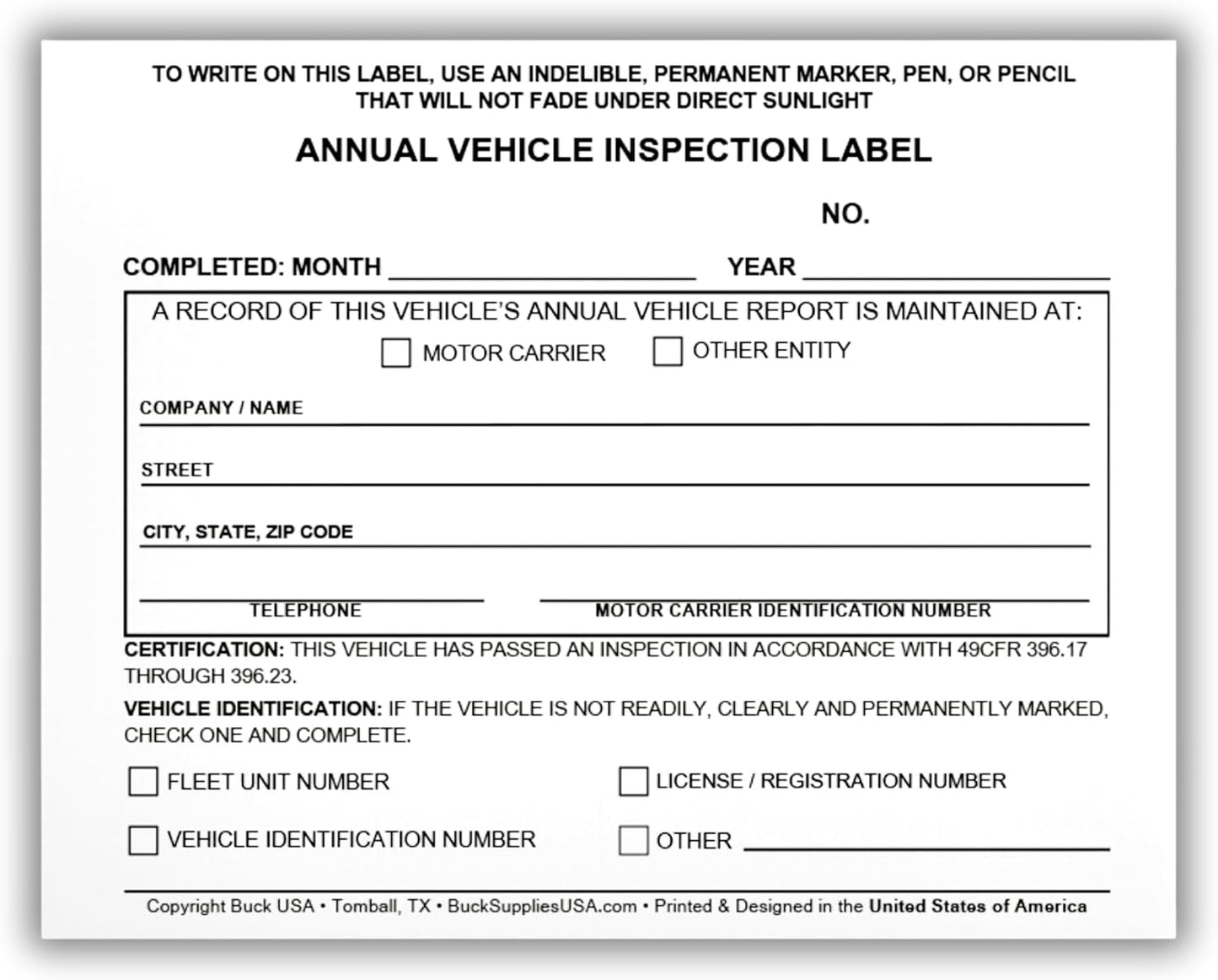 5 Pack Buck Annual Vehicle Inspection Label, 2-Ply Adhesive Vinyl with Mylar Laminate, FMCSA & DOT Compliant, Weatherproof, Tear Resistant, Easy to Write On, 5" x 4" - Made in USA
