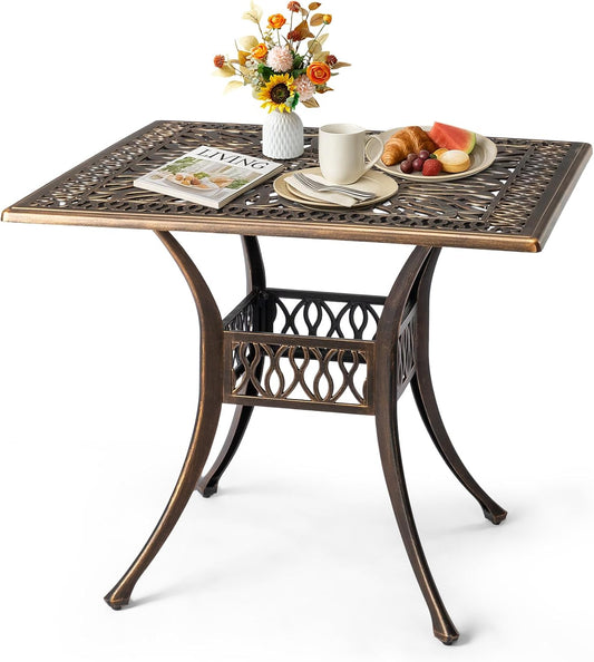 Outvita Patio Side Table, 35.4in Outdoor Square Cast Aluminum Bistro Table with Umbrella Hole and Antique Design for Backyard Porch Pool Balcony Deck Bronze