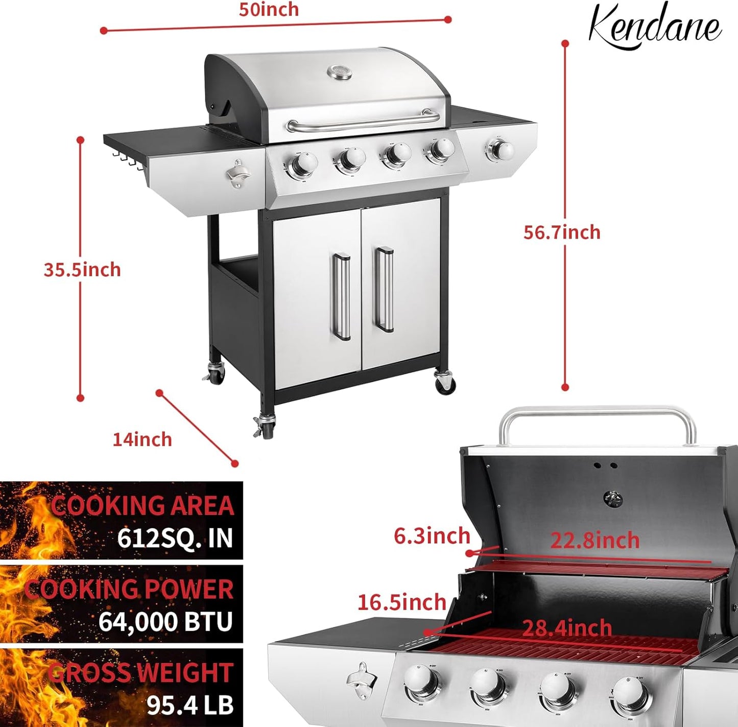 4-Burner Propane Gas BBQ Grill with Side Burner, Barbecue Gas Grill with Enameled Cast Iron Grates for Outdoor Patio Garden Barbecue, 53,000 BTU, with Stainless Steel Grill Cover