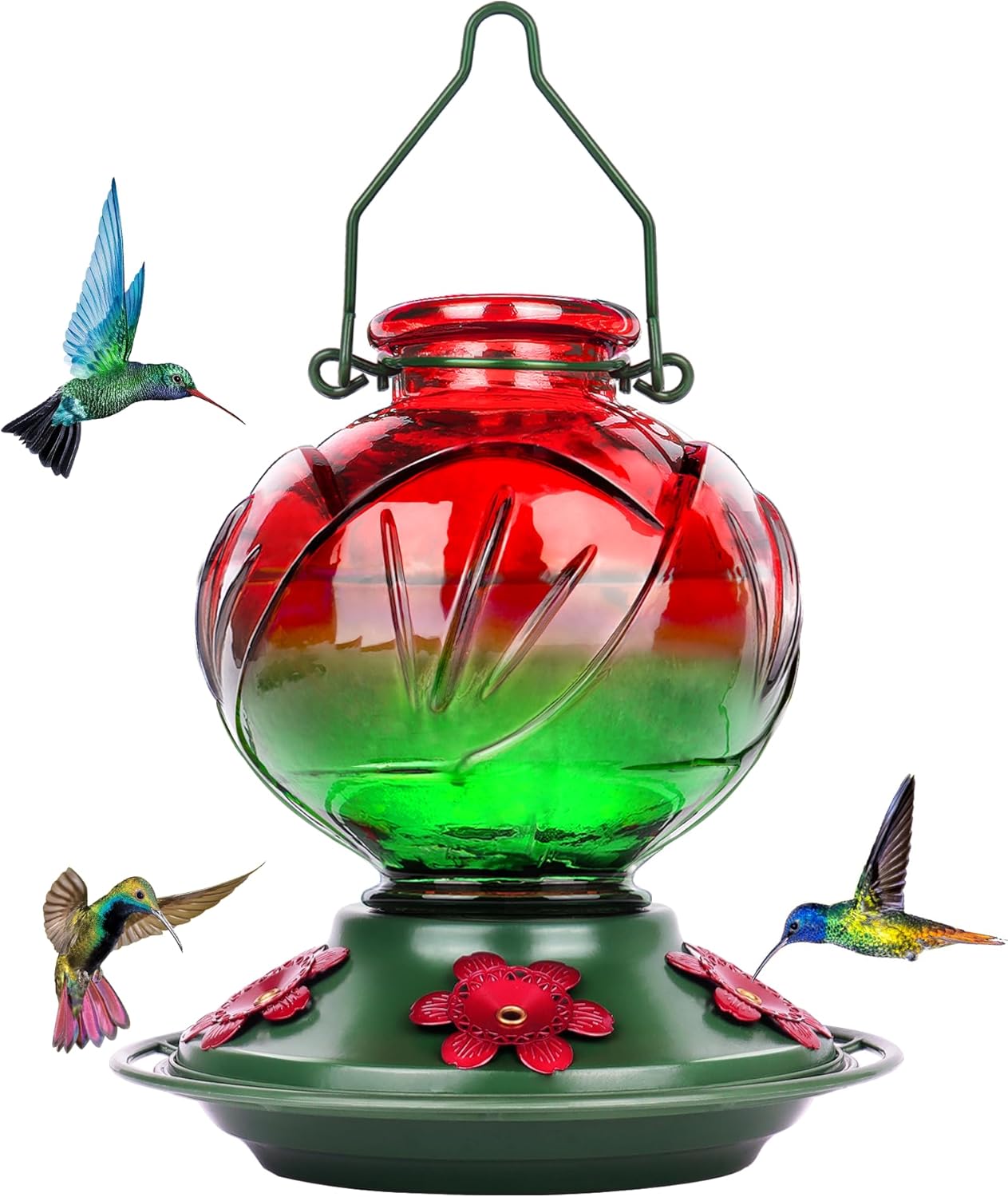 BOLITE Hummingbird Feeder, Glass Hummingbird Feeders for Outdoors Hanging, 22 Ounce, Five Feeding Ports with Perch, Peony Flower Shape, Red and Green, Gifts for Women Men, Gifts for Mom Dad