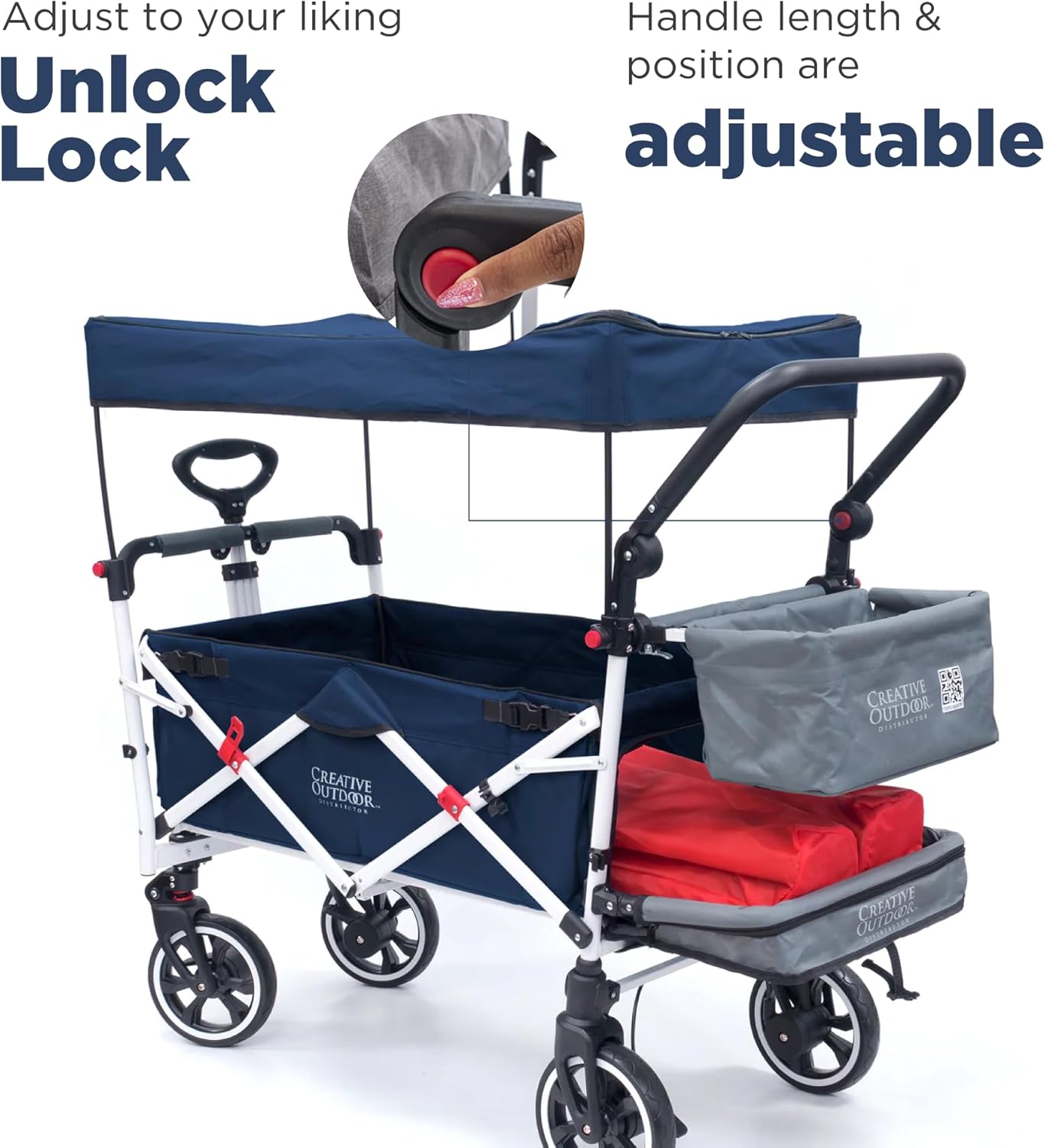Creative Outdoor Wagon for Kids Push Pull Collapsible Stroller with Canopy Folding Cart | Titanium Series Plus | Beach, Park, Garden (Solid Navy Blue)
