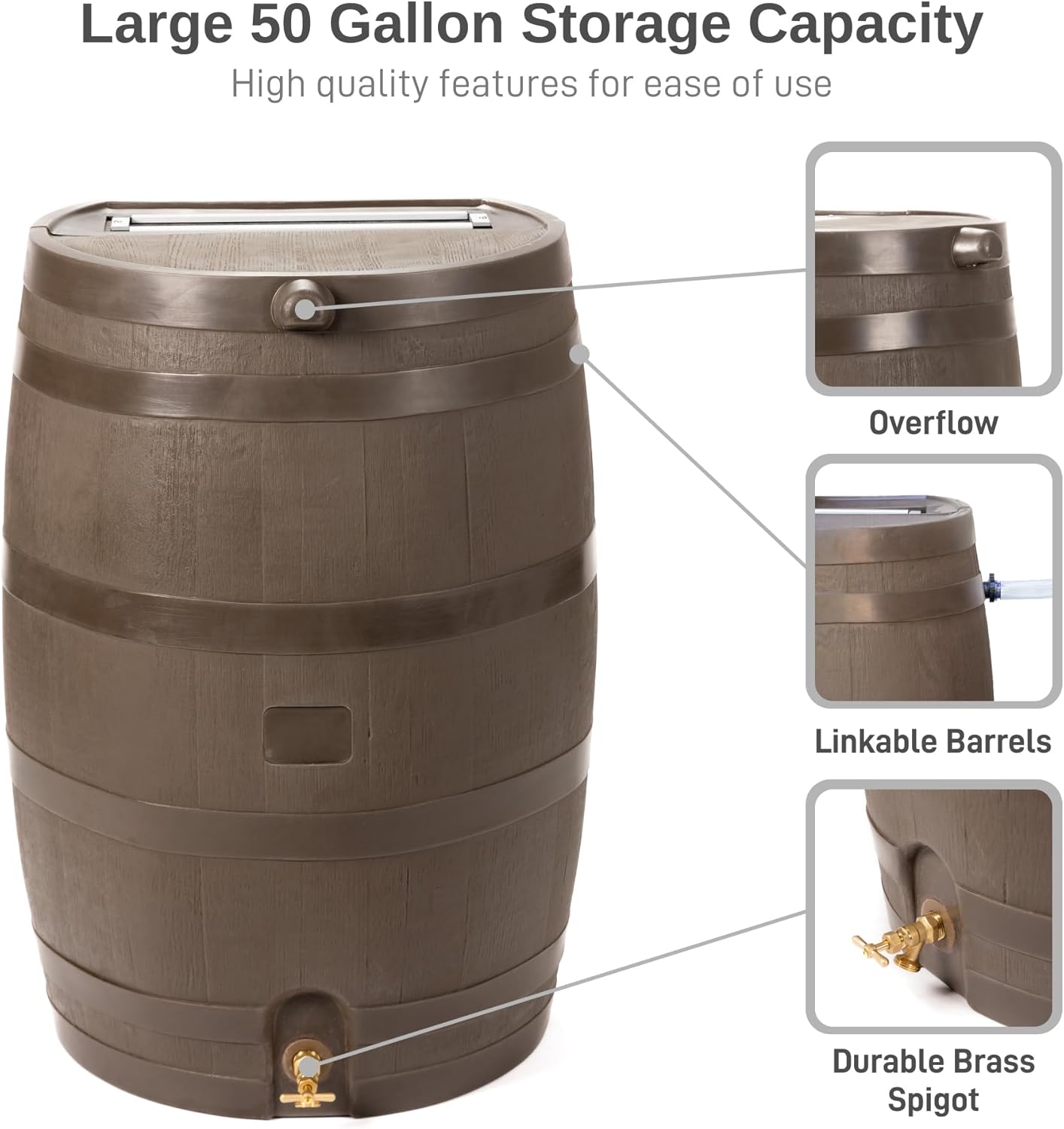 50-Gallon Rain Barrel with Brass Spigot, Flat Back Rain Water Collection Barrel, Walnut Color