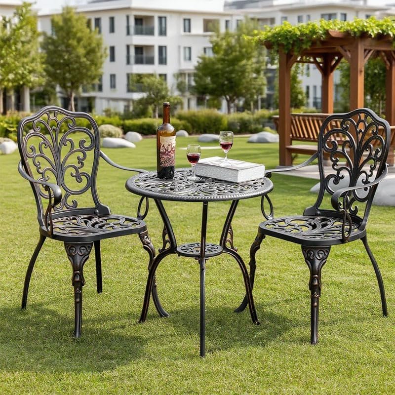 Patio Bistro Set 3 Piece Cast Aluminum Bistro Set, Outdoor Bistro Table and Chairs Set of 2 with Umbrella Hole for Porch, Lawn, Garden, Backyard, Pool (Brown)