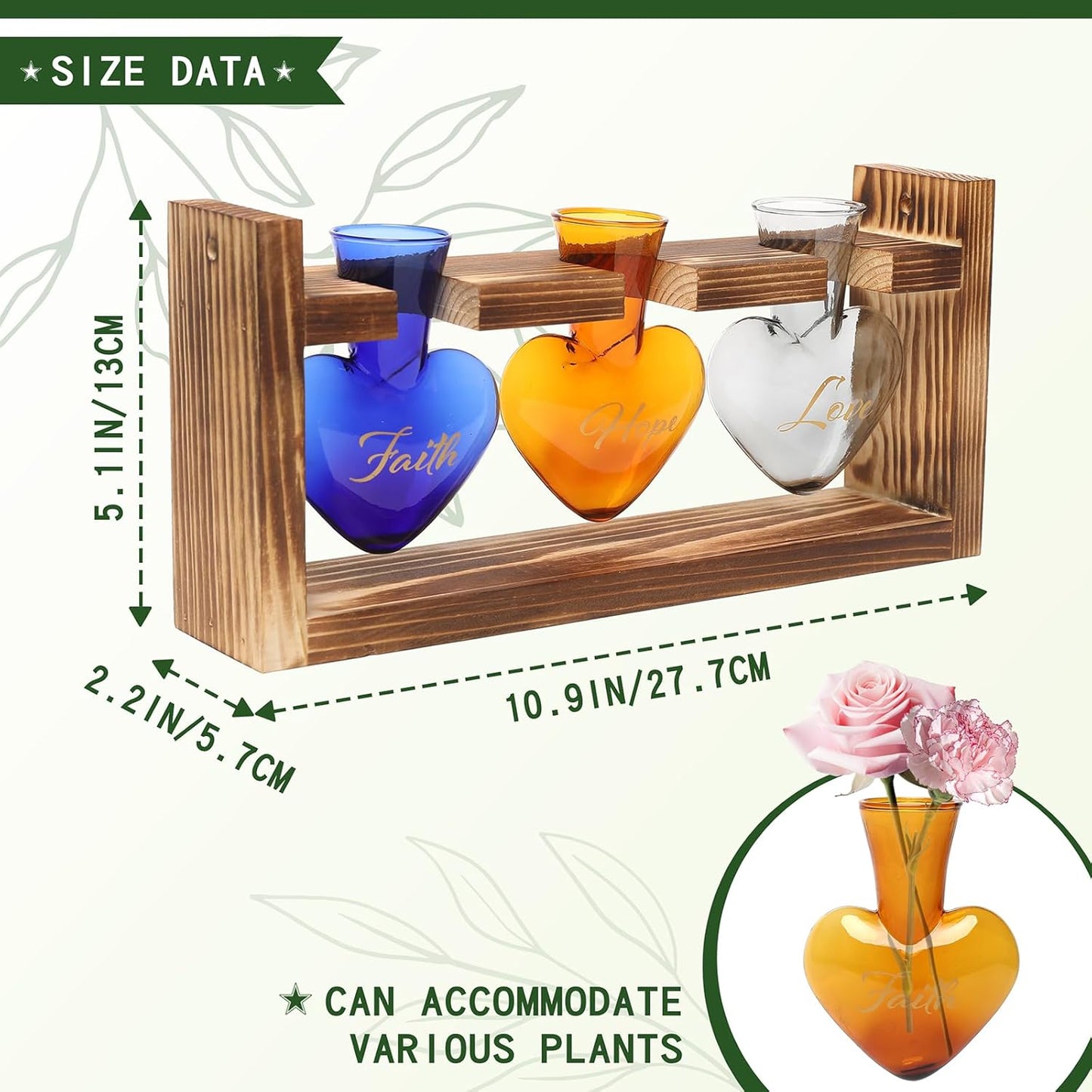 Plant Terrarium Propagation Stations Faith Hope Love Hydroponics Home Garden Decoration Gift for Women with Wooden Stand Heart Shaped Colored Glass Vase