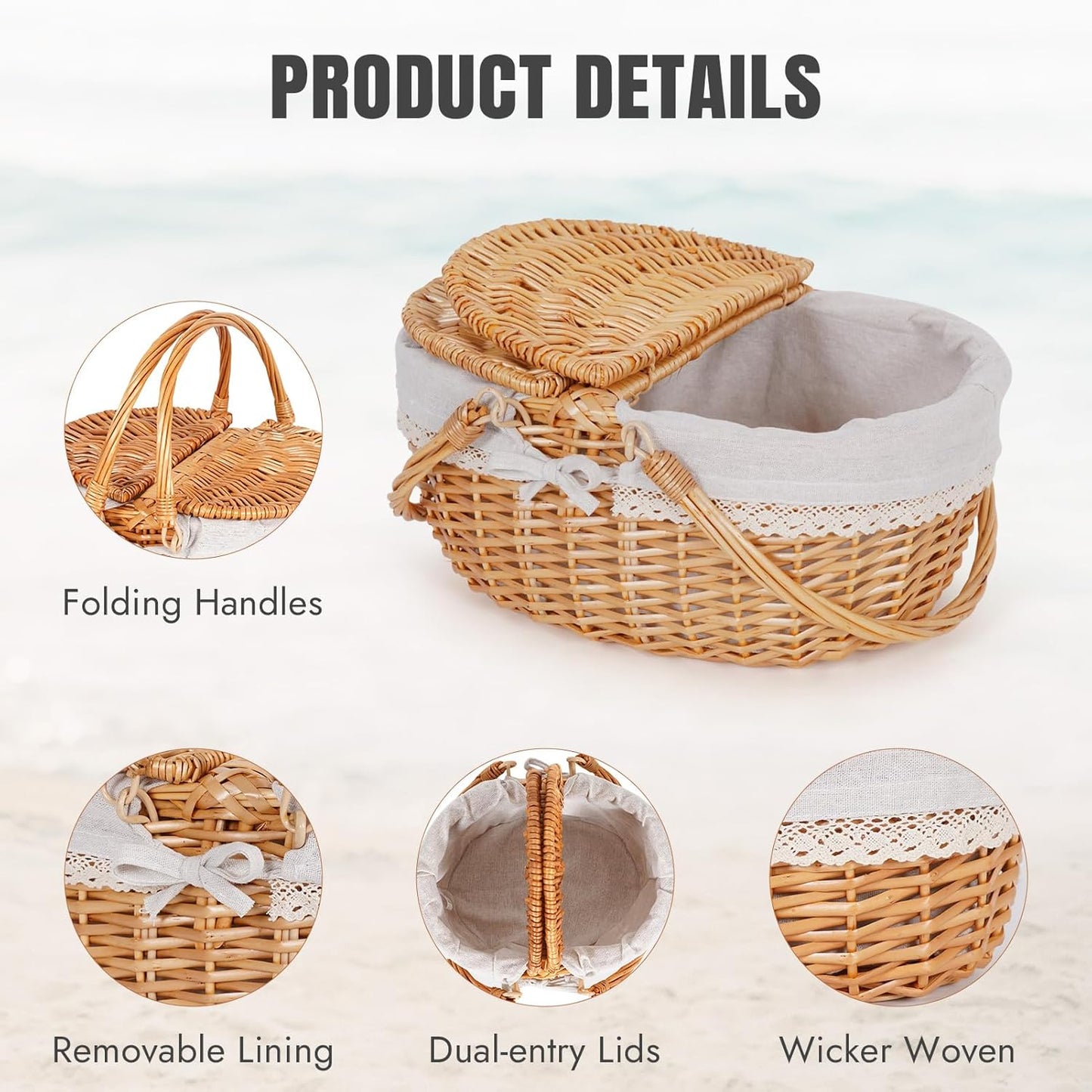 Happypicnic Wicker Picnic Basket with Handle, 15" Large Empty Picnic Basket with Lid & Removable Liner, Vintage Hand Woven Basket for Picnics, Camping, Veg Picking, Mother's Day, Thanksgiving (Solid)