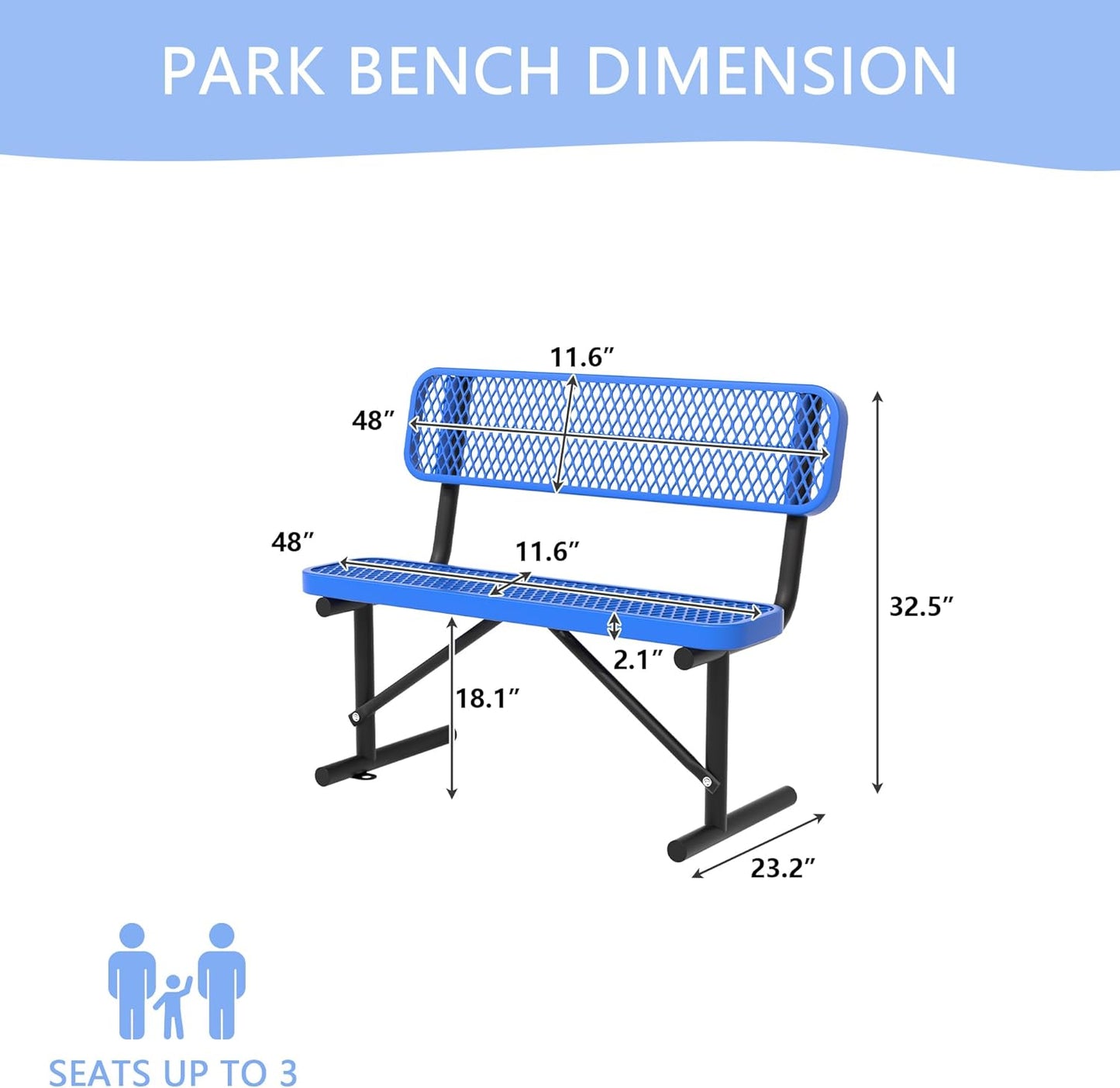 4/6/8 Feet Park Bench for Outside Heavy Duty Metal, Garden Benches Outdoor Bench with Backrest & Portable Frame, for Shopping Malls Stores Parks Patios Decks, Blue