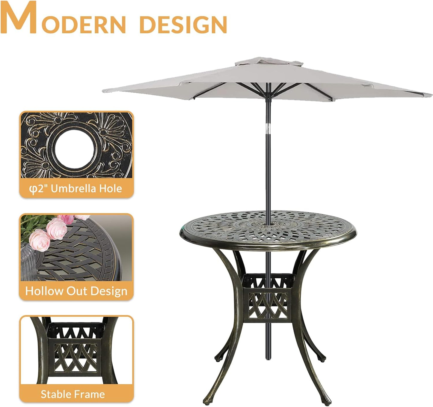 3-Piece Outdoor Patio Dining Set, All-Weather Cast Aluminum Patio Furniture Set for Backyard Garden Deck with 2 Chairs and 31” Round Table, 2" Umbrella Hole