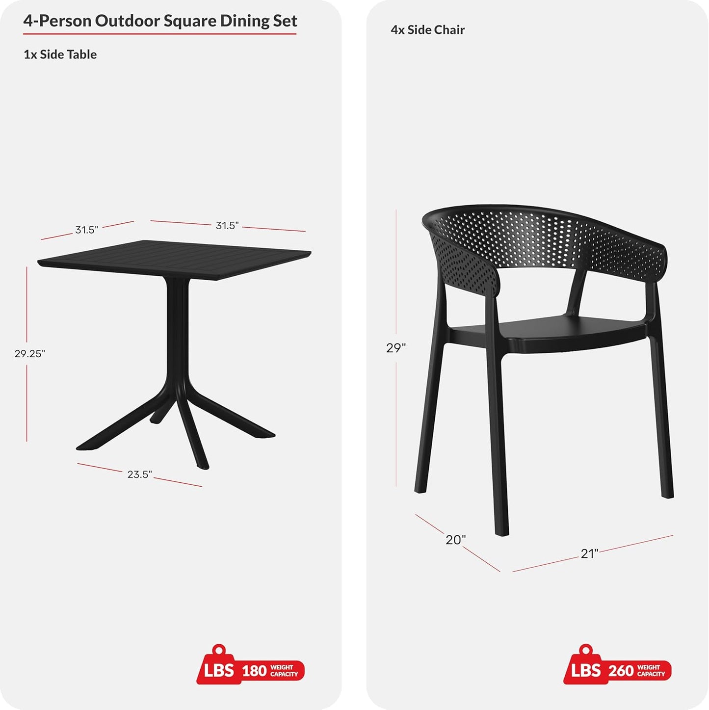 5-Piece Outdoor Dining Set, HDPE Patio Square Bistro Table and Stackable Chairs Sets for 4, Outdoor Furniture All Weather for Backyard Poolside, White
