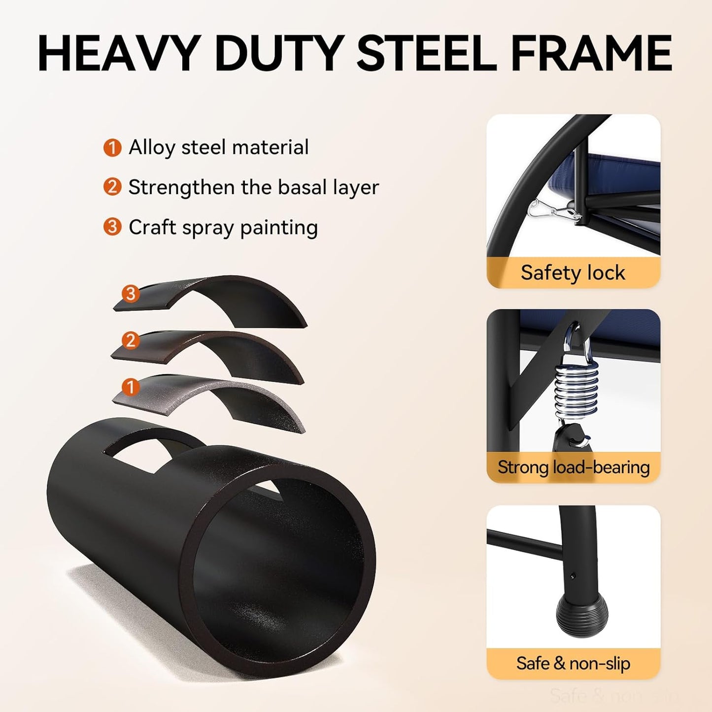 3-Seat Patio Swing Chair Outdoor Heavy Duty Steel Frame with Adjustable Canopy Removable Cushions - All Weather Porch Swings Glider for Backyard, Garden, Poolside - Navy Blue