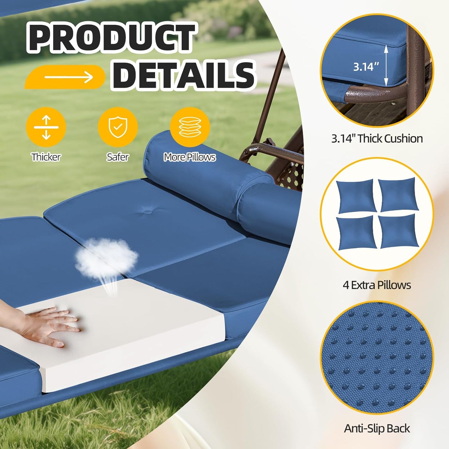 3-seat Patio Swing with Canopy,Convertible Outdoor Swing Bed with Thick Cushions, Pillows & Cup Holders, 3-Seat Outdoor Swings Chair for Backyard, Garden, Deck(Blue)