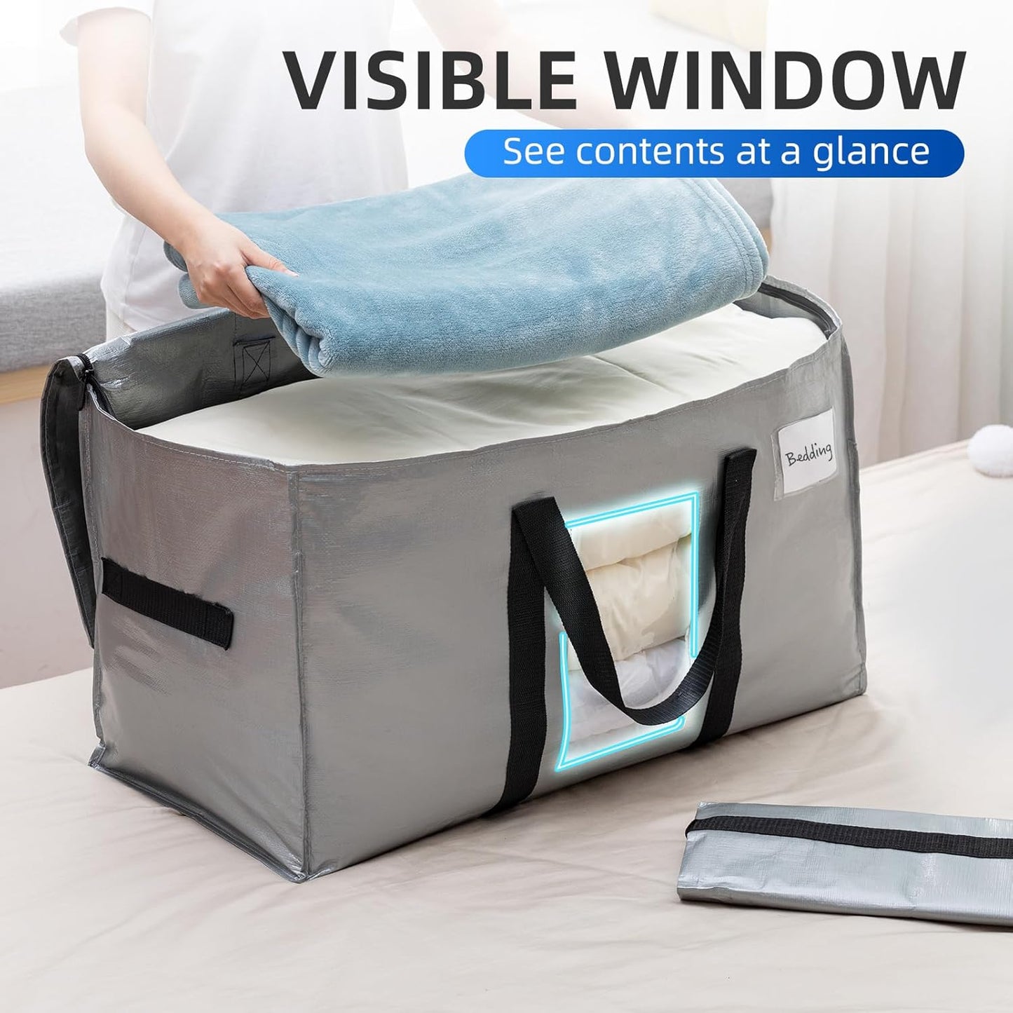 TAILI Extra Large Moving Bags, 6 Pack Silver Heavy Duty Totes For Storage with Visible Window, Wrap Around Handles, Storage Bags for Space Saving, Alternative to Moving Boxes