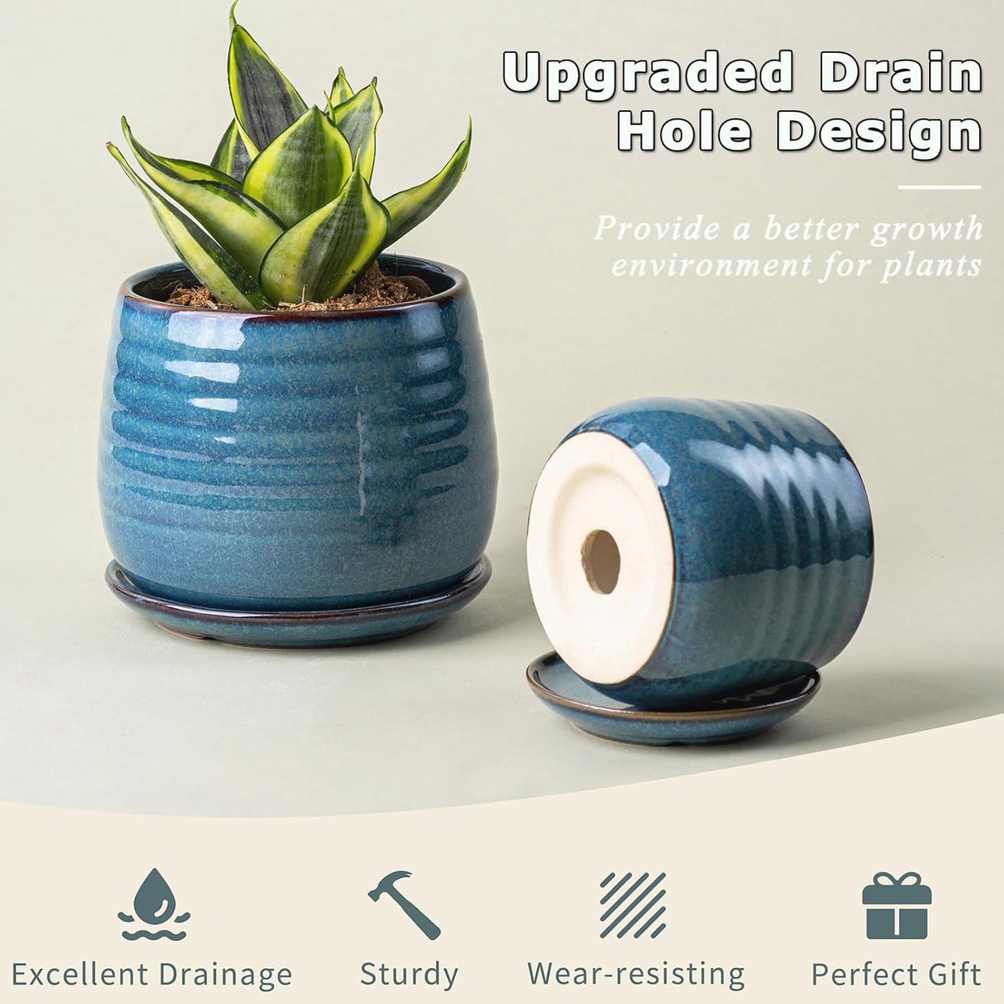 Ceramic Plant Pots with Drainage Holes and Saucers, Indoor Flower Pots for Plants Set of 3, 3.4+4.7+6.1 inch Cute Garden Pots Set for Succulent and Money Tree, Gift for Housewarmings, Blue