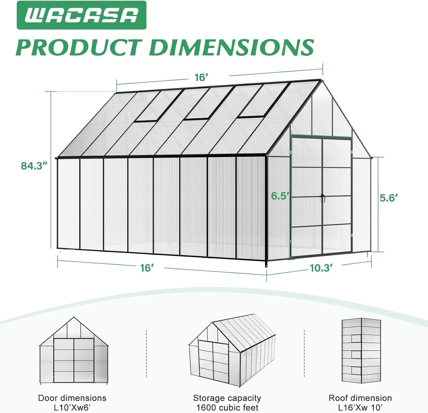10'x10'x16' Snap-Together Greenhouse - Easy 3-Way Connectors, Heavy-Duty Aluminum Frame, Wind/Snow Resistant for Gardening/Urban Farming, Includes Sliding Door & Ventilation Windows