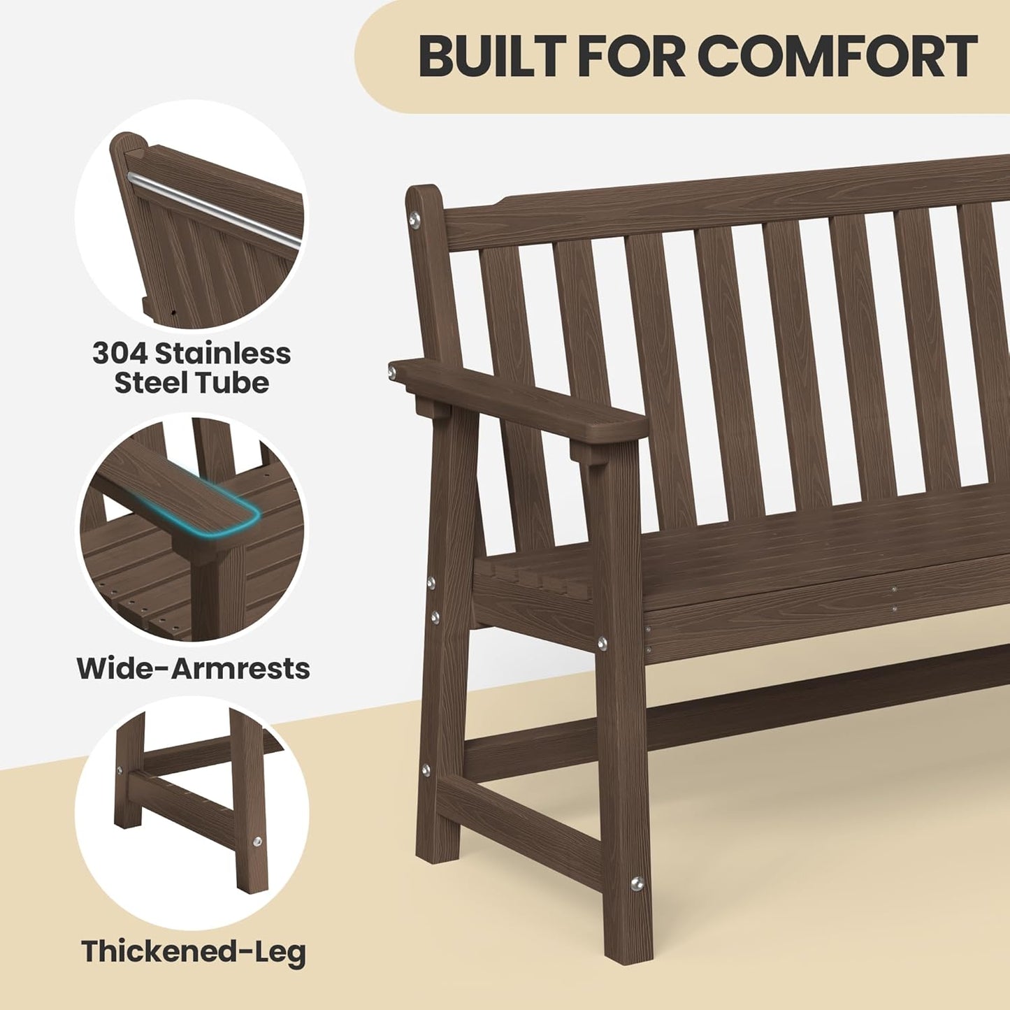Ciokea 44" Outdoor Bench Set of 2, HDPE Weatherproof Garden Bench, 2-Person Memorial Benches with 550 Lbs, Waterproof Patio Porch Benches for Outside Business Deck Office Backyard Balcony, Brown