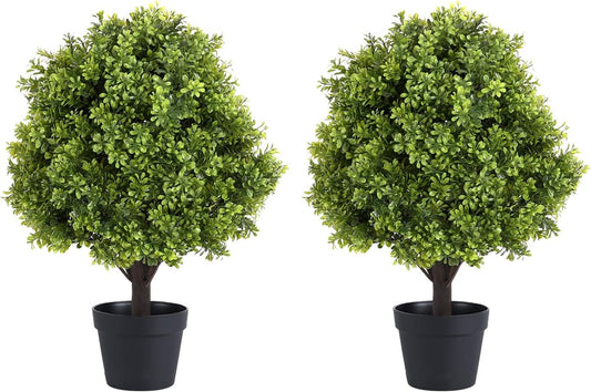 THE BLOOM TIMES 2ft Faux Boxwood Plants Outdoor Set of 2, Topiary Balls Artificial Outside Trees, 24" UV Resistant Fake Greenery Bushes & Shrubs for Front Porch Planter