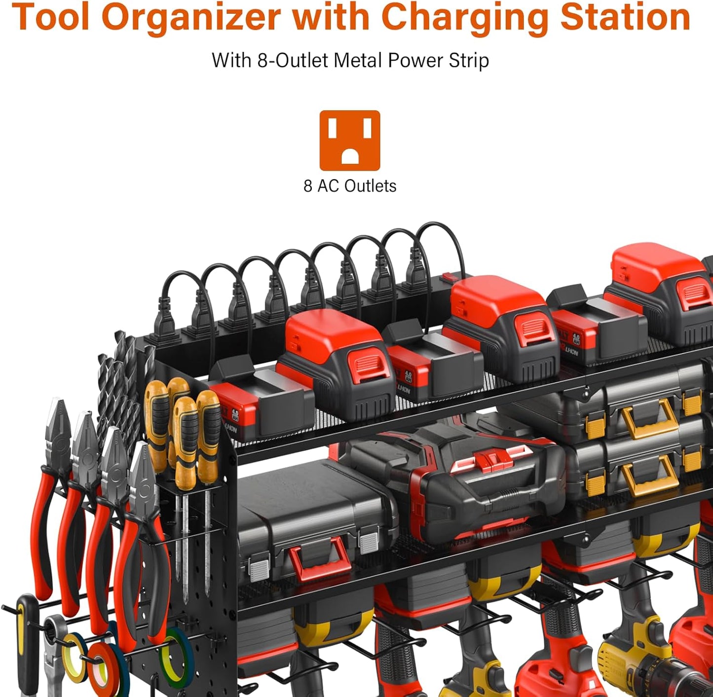 JUNNUJ Large Pegboard Power Tool Organizer with Charging Station, 8 Drills Driver and Tools Battery Holder Wall Mount with 8 Outlet 10 FT Power Strip, Black 3-Layer Shop Garage Storage Utility Rack