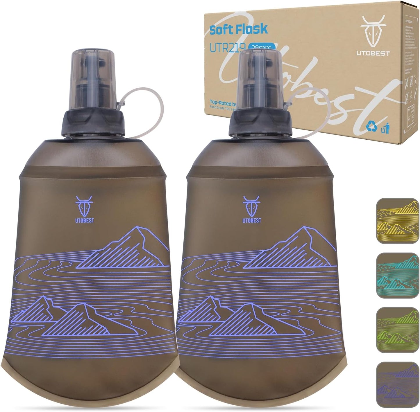 UTOBEST 200ml Soft Flask, 2 Pack Flexible TPU Hydration Water Bottle, Collapsible with 28mm Caliber for Running, Hiking, Cycling, Climbing, and Marathon Purple