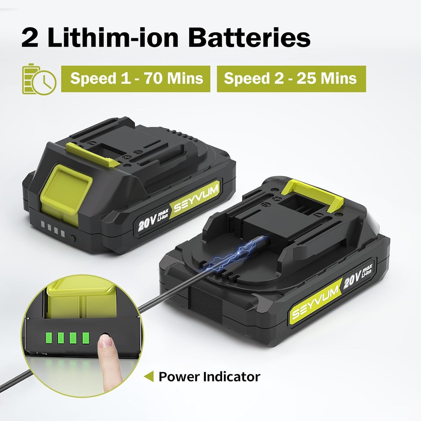 SEYVUM Leaf Blower, 20V Cordless Blower with 2 x 2.0Ah Battery, Electric Leaf Blowers for Lawn Care, 320 CFM 150 MPH Battery Powered Leaf Blower, for Patio, Garden Cleaning, Fast Charger, Lemon Green