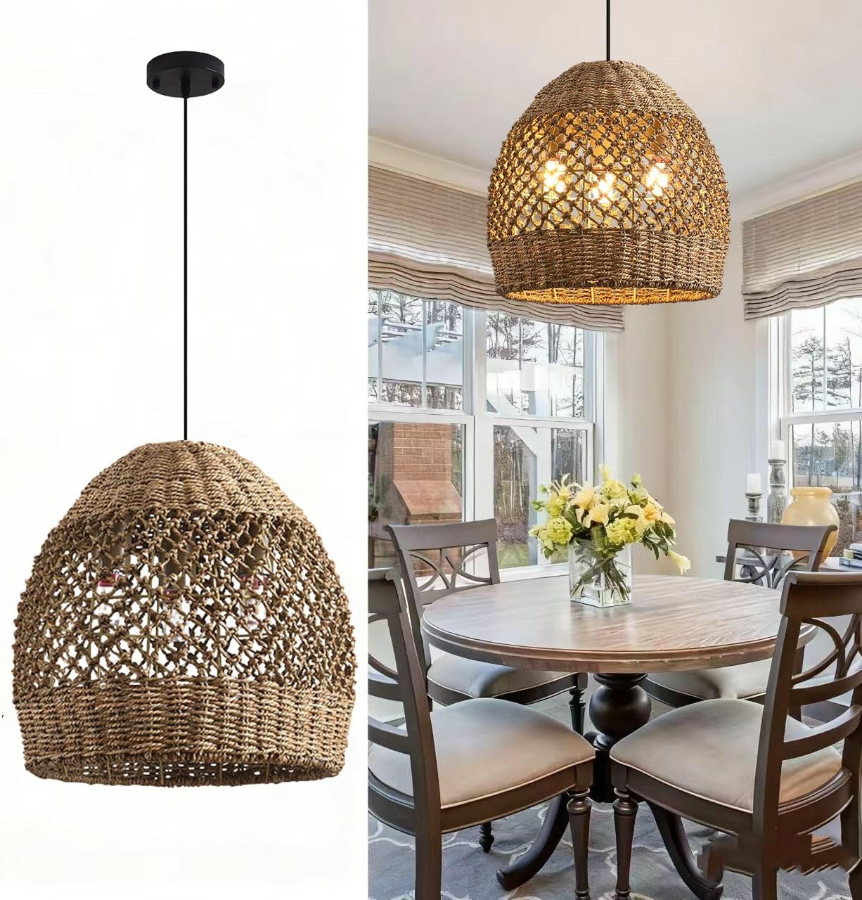 Rattan Pendant Fixtures, 13.39" Boho Wicker Chandelier,3-Light Hand-Woven Seagrass Ceiling Hanging Lights for Kitchen Islands, Dining Rooms, and Farmhouses.