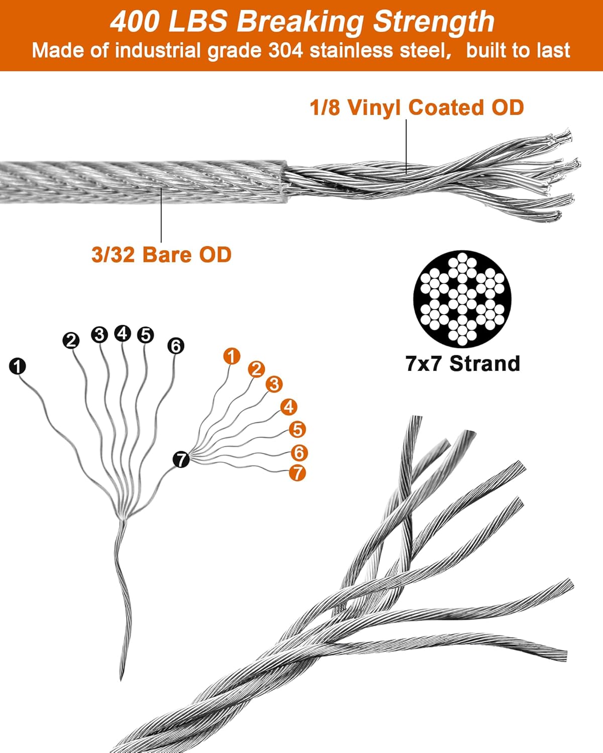 220 FT 1/8" Wire Rope Kit, 304 Stainless Steel Cable with M5 Turnbuckles for Cables Wire, Vinyl Coated String Lights Hanging Wires for Outdoor Camping, Trellis, Garden, Clothes line, Curtain, Festival