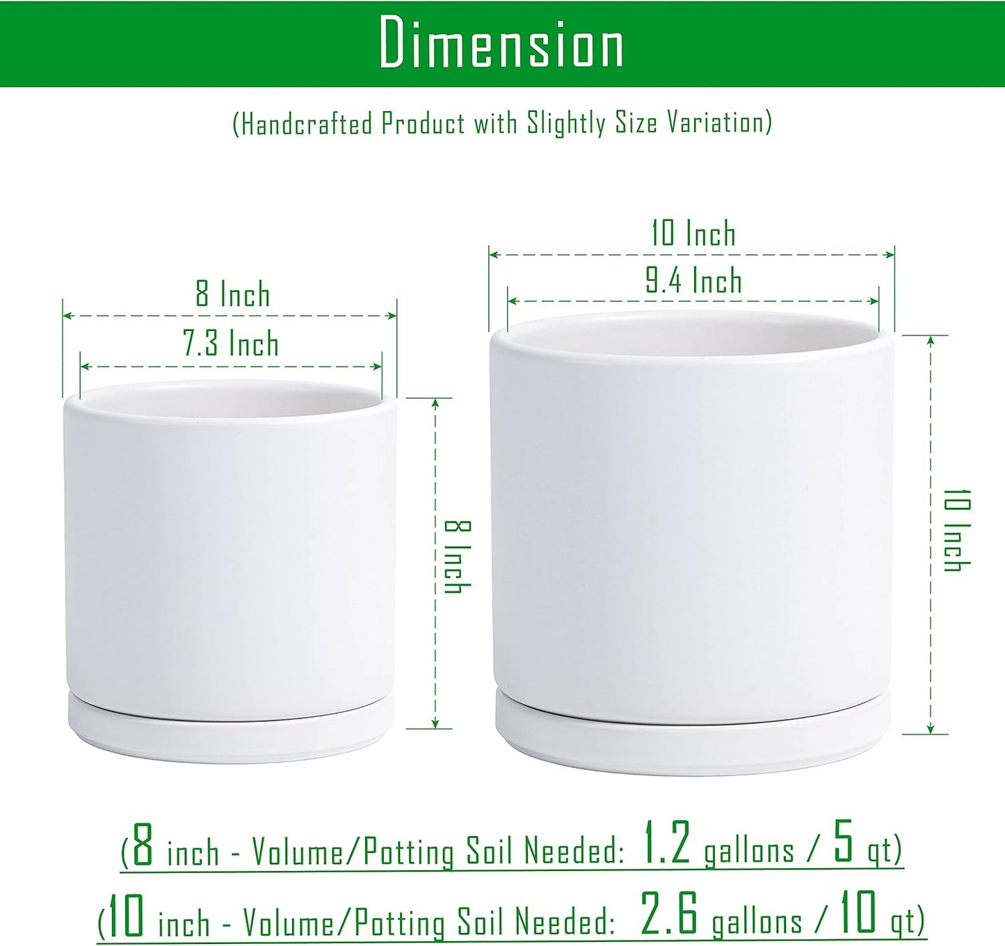 D'vine Dev 8 Inch & 10 Inch Ceramic Planter Pot for Plants with Drainage Hole and Saucer, Large Plant Pots Set, White, 94-G-L-1