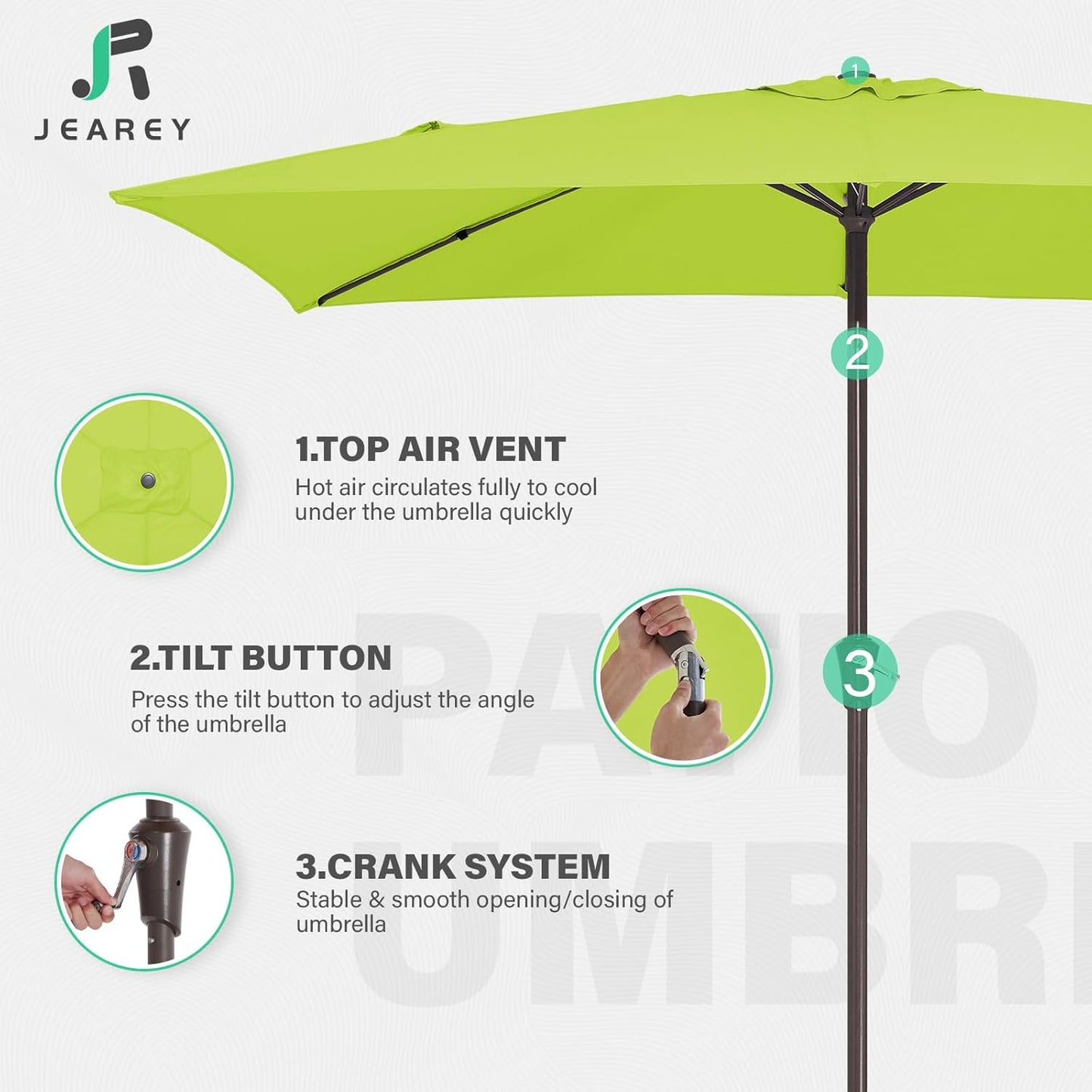 JEAREY 6.5x10 ft Rectangular Patio Umbrellas Outdoor Market Umbrella with Push Button Tilt and Crank, Rectangle Table Umbrella 6 Sturdy Ribs UV Protection for Pool Garden Backyard Deck, Apple Green