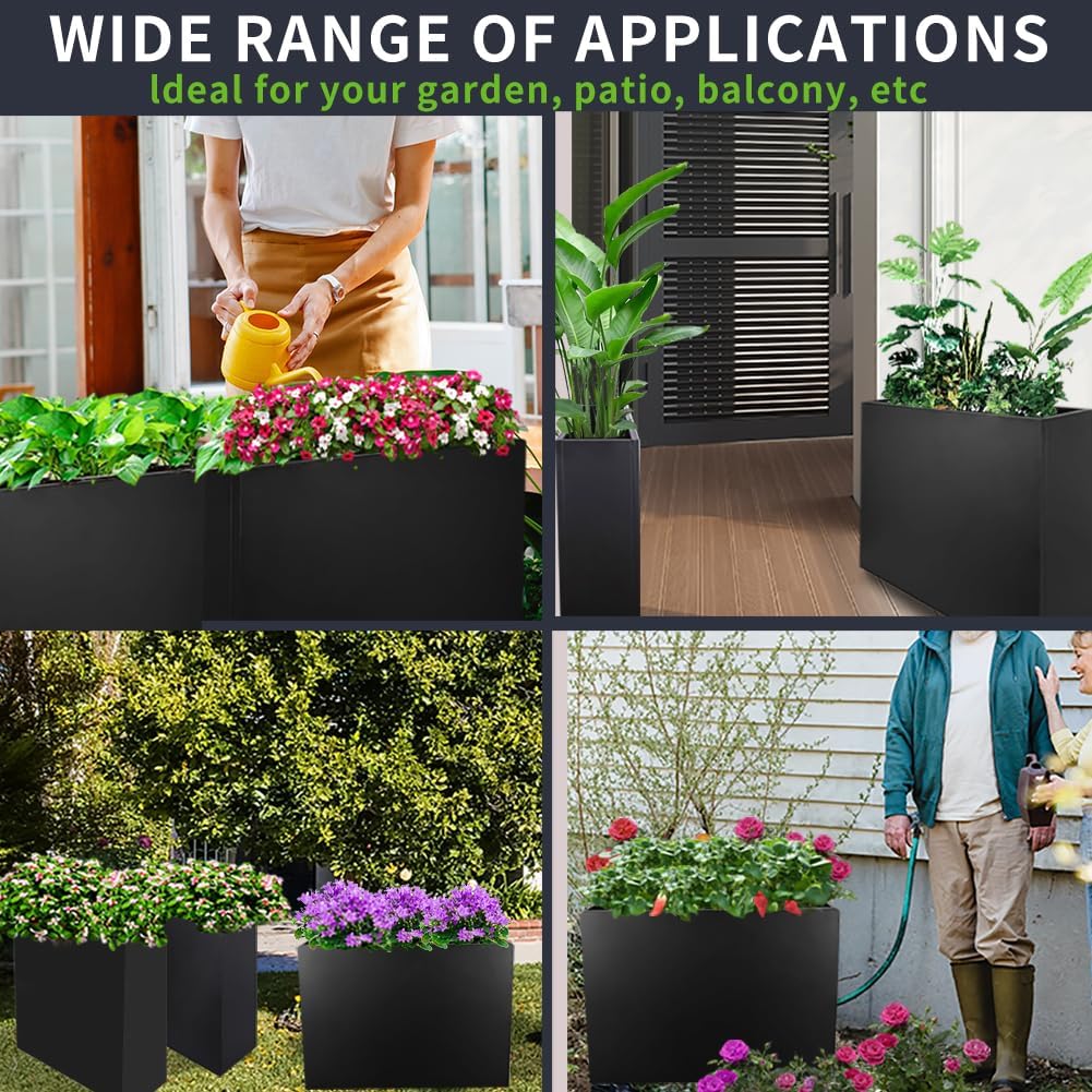 Metal Tall Long Planter Box Large Rectangular Planter Flower Pot with Drainage Holes for Indoor Outdoor Deck Porch Garden Home Patio Front Door (Black, S)