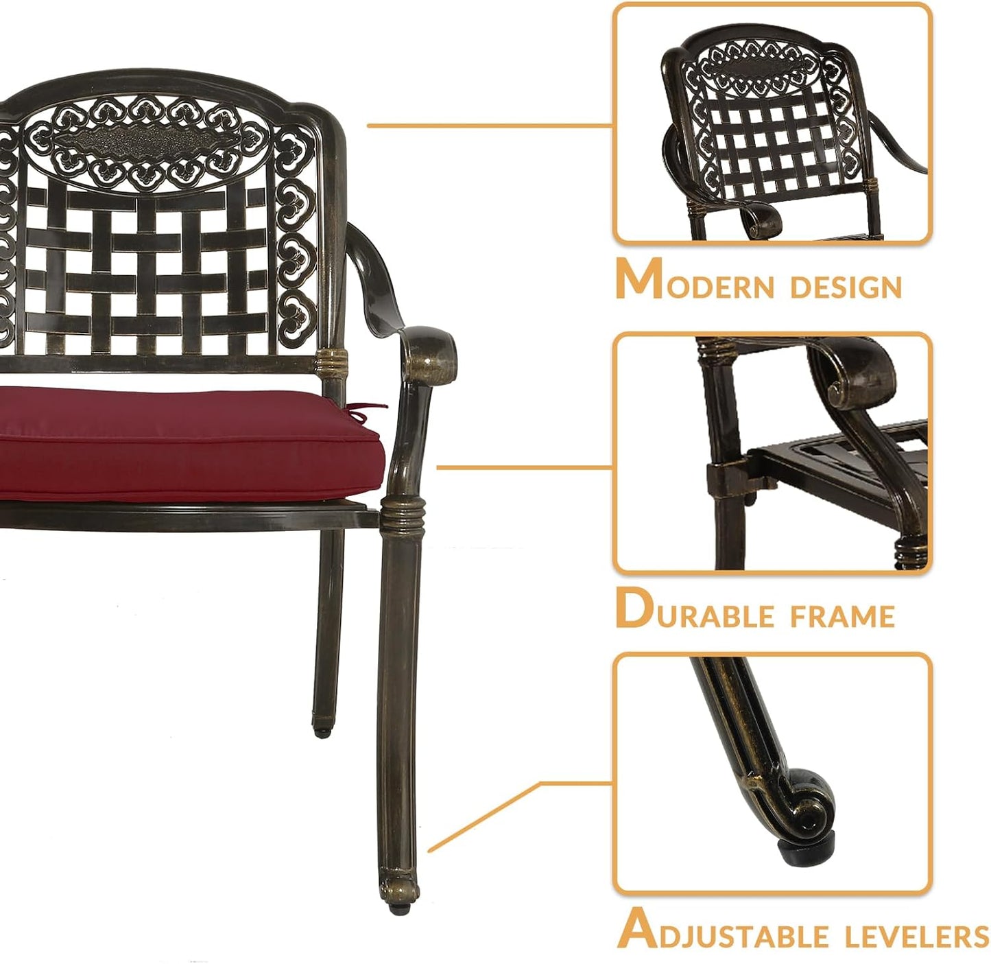 3-Piece Outdoor Patio Dining Set, All-Weather Cast Aluminum Patio Furniture Set for Backyard Garden Deck with 2 Cushioned Chairs and 35.4” Round Table, 2" Umbrella Hole, Chili Red