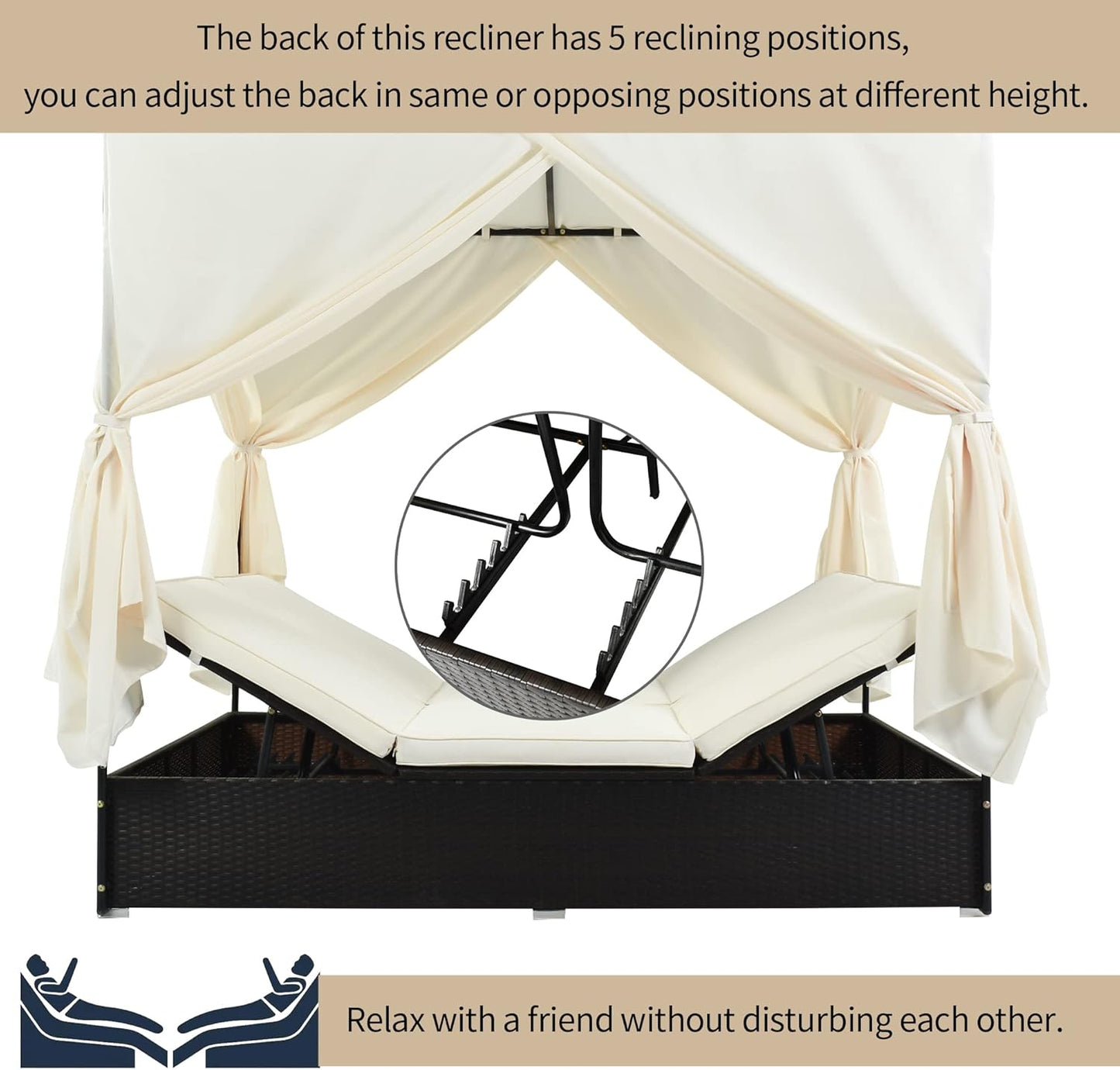 Patio Chaise Lounge, PE Rattan Outdoor Patio Wicker Sunbed Daybed with Adjustable Seats, Four-Sided Canopy, Overhead Curtain and Beige Cushions for Backyard, Garden, Poolside (for 2-6 People)