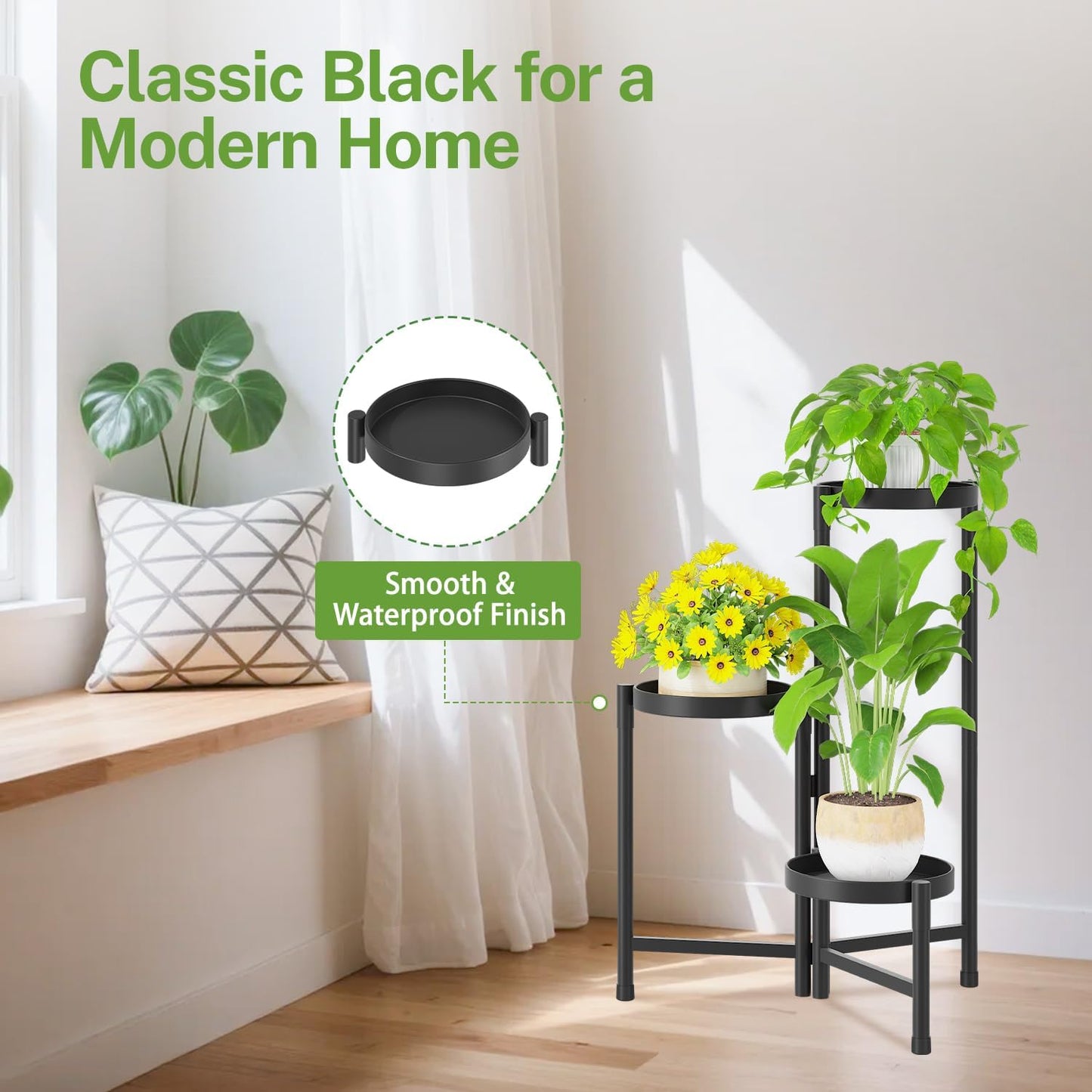 iDavosic.ly Plant Stand Indoor Outdoor, 3 Tier Corner Metal Flower Display Holder Shelf, Folding Tall Orchid Rack for Patio Balcony Porch Garden Living Room House, Black