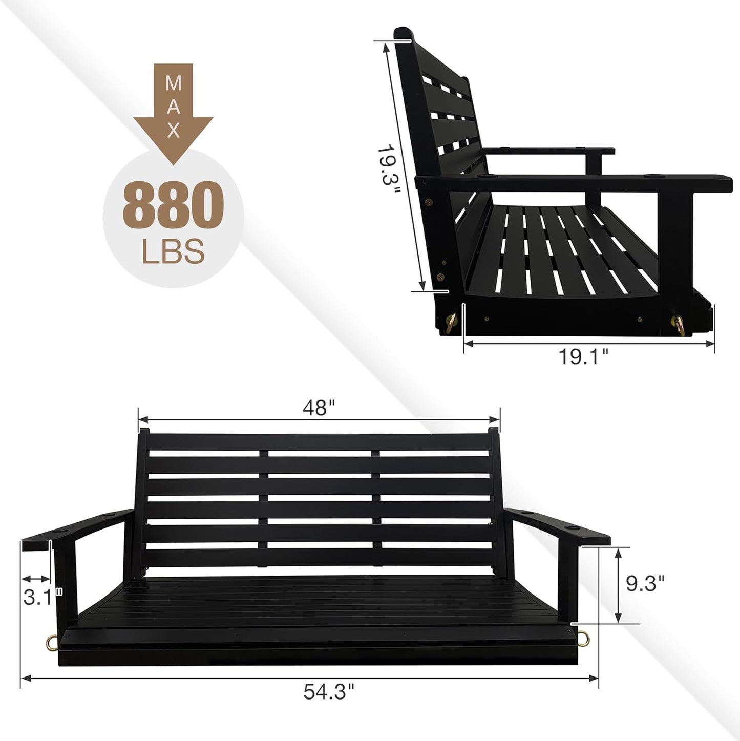 Wooden Porch Swing, Ergonomic Seat, Bench Swing with Hanging Chains and 7mm Springs, Heavy Duty 880 LBS, for Outdoor Patio Garden Yard (Matte Black, 2-Seater Extra Large)