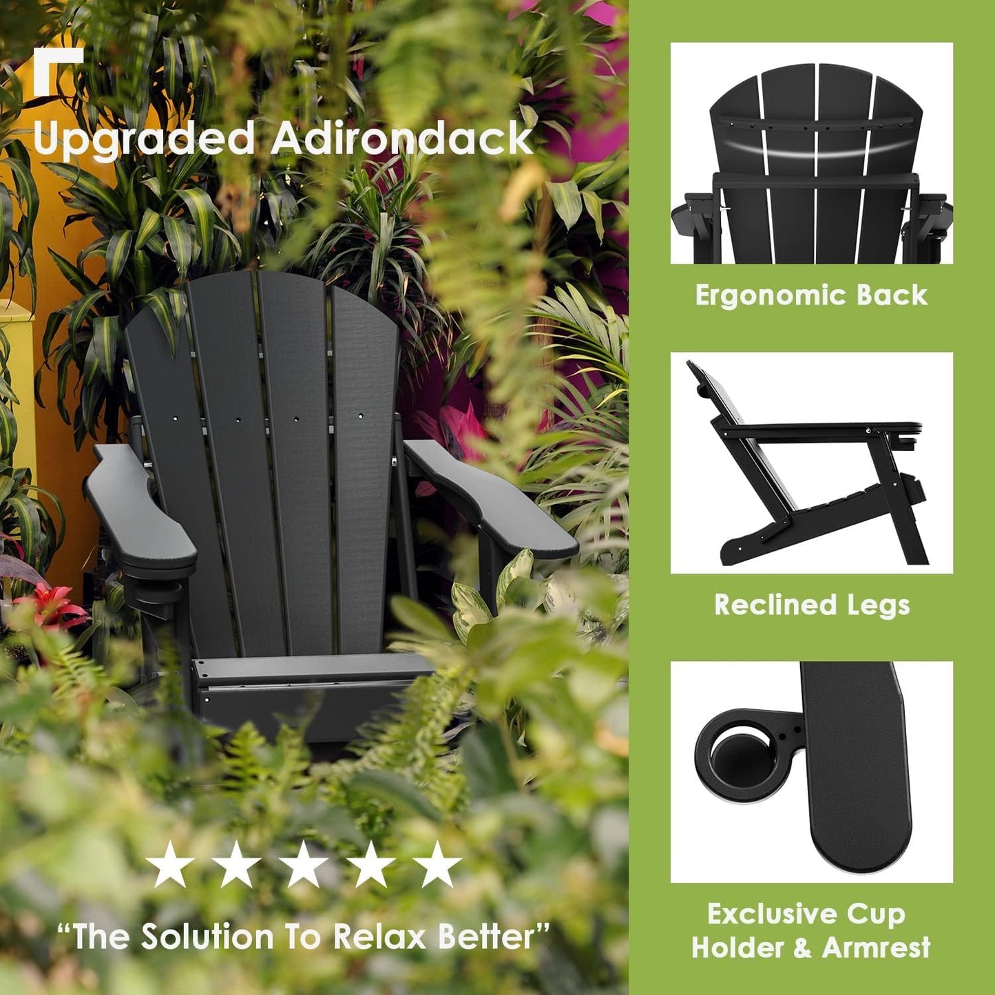 GREENVINES Folding-Adirondack-Chairs-Set-of-2 | HDPE Plastic | Fire Pit Chair | All Weather | Cup Holder | Black | for Deck Backyard Patio Outdoor Garden