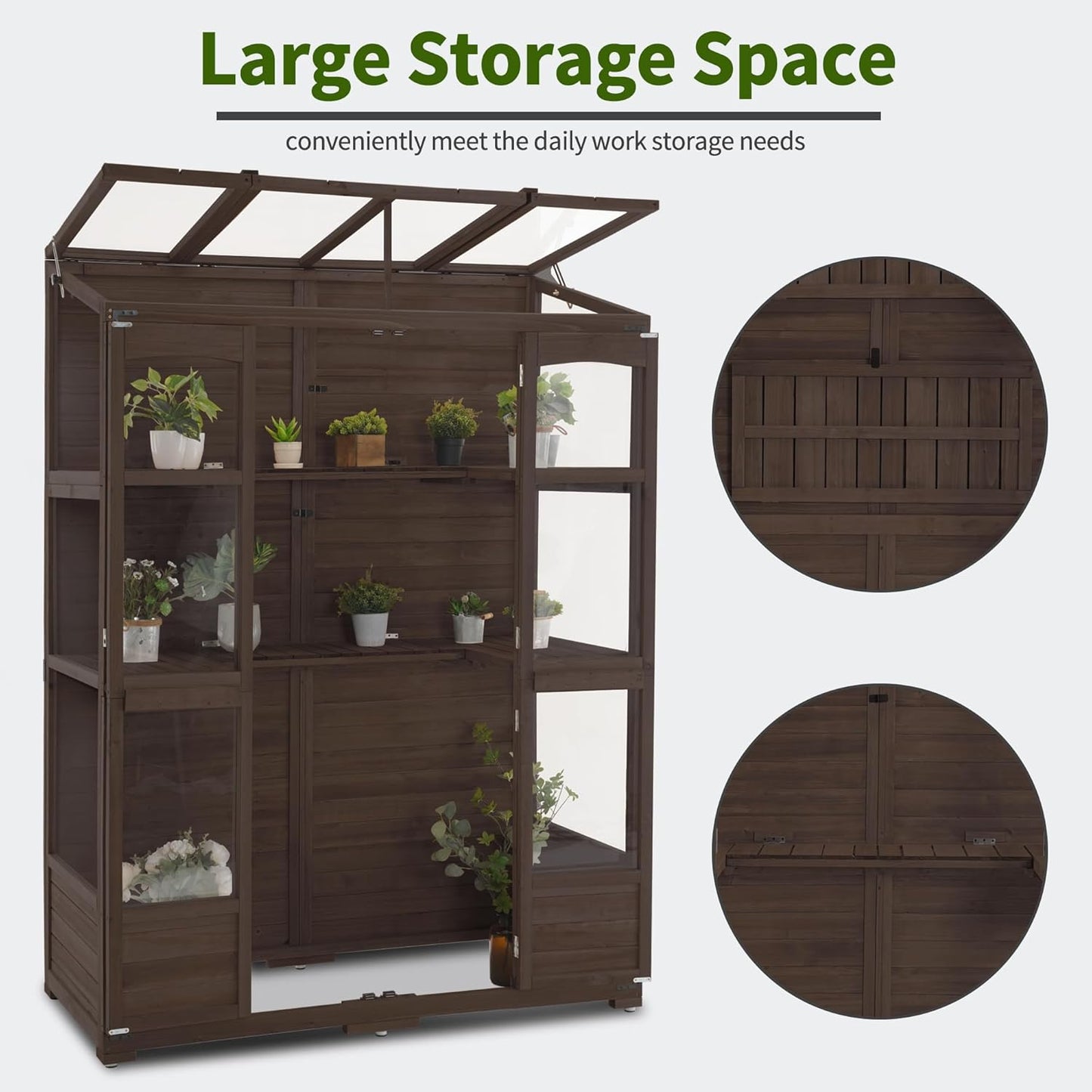 MCombo Wooden Greenhouse, Walk-in Outdoor Greenhouse with Openable Roof and Lockable Door, 0899 (Brown)