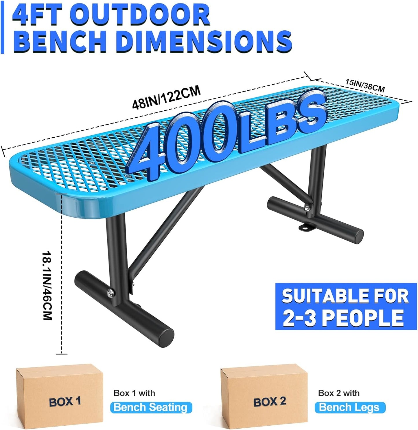 Heavy-Duty Park Bench or Table for Outside - Black Coated Outdoor Furniture Steel Bench, Commercial-Grade Outdoor Benches Weatherproof for Park, Patio, Porch (Blue, 4FT (Without Backrest))